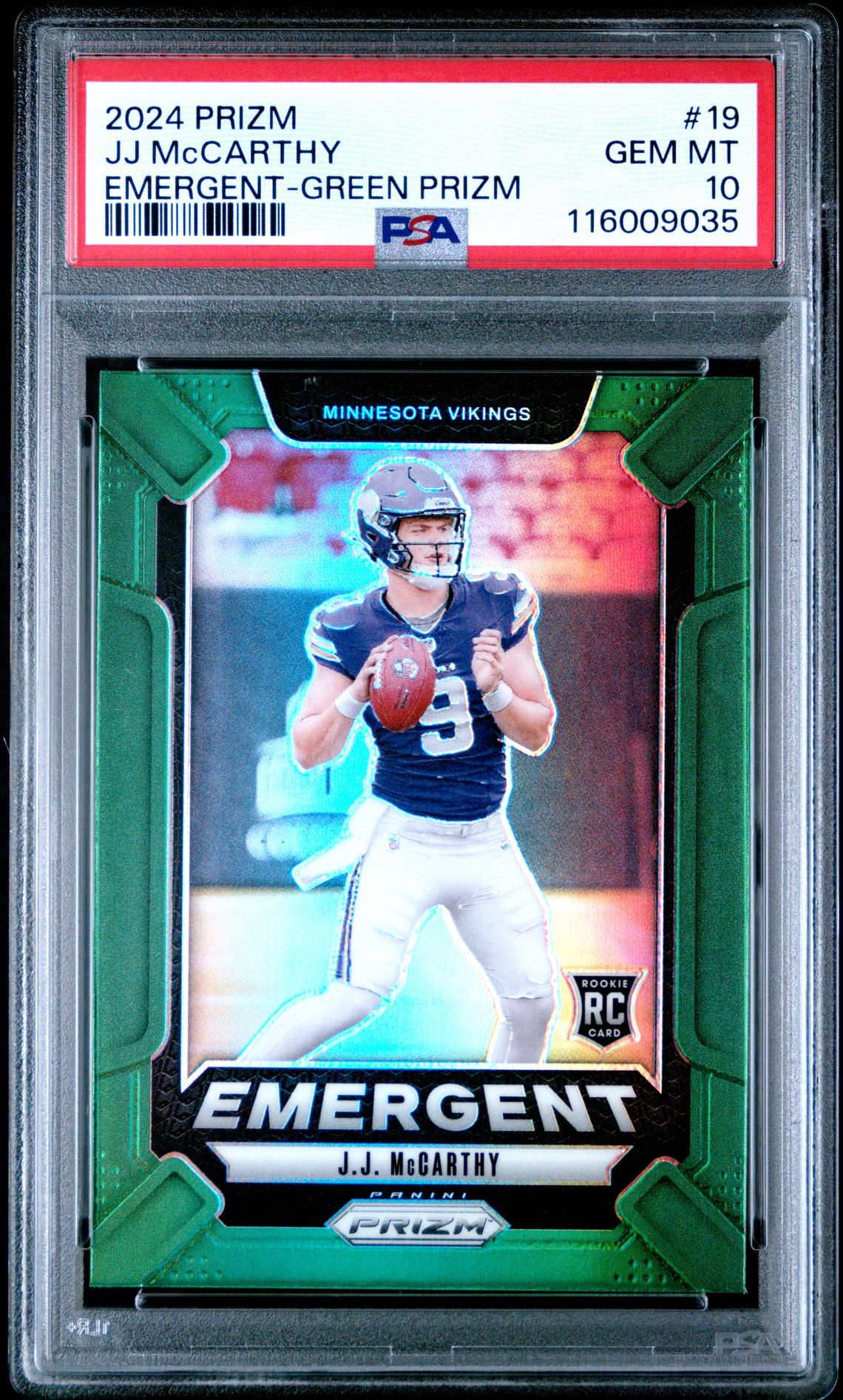 2024 Panini Prizm Emergent Jj Mccarthy #19 (Emergent-Green Prizm) Gem Mt 10 front