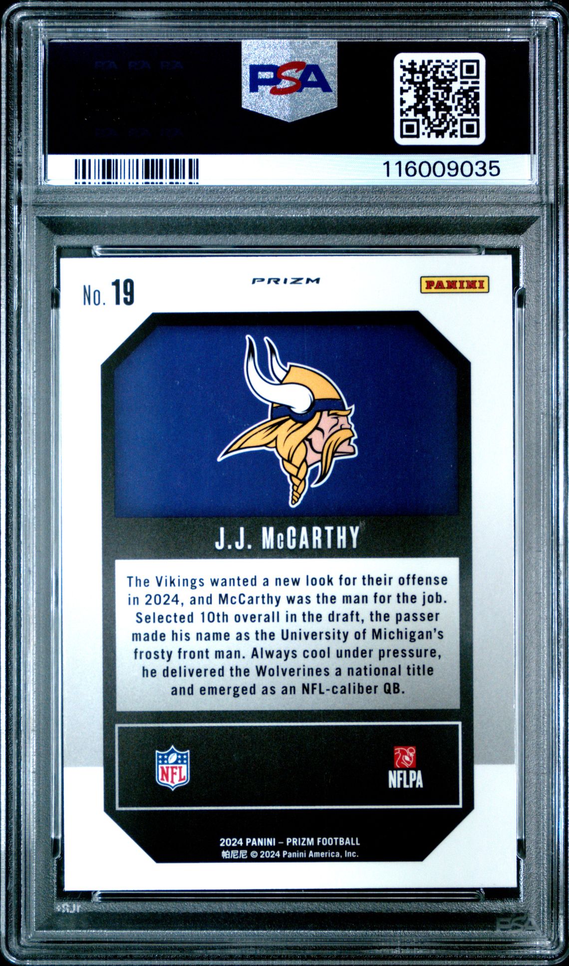 2024 Panini Prizm Emergent Jj Mccarthy #19 (Emergent-Green Prizm) Gem Mt 10 back