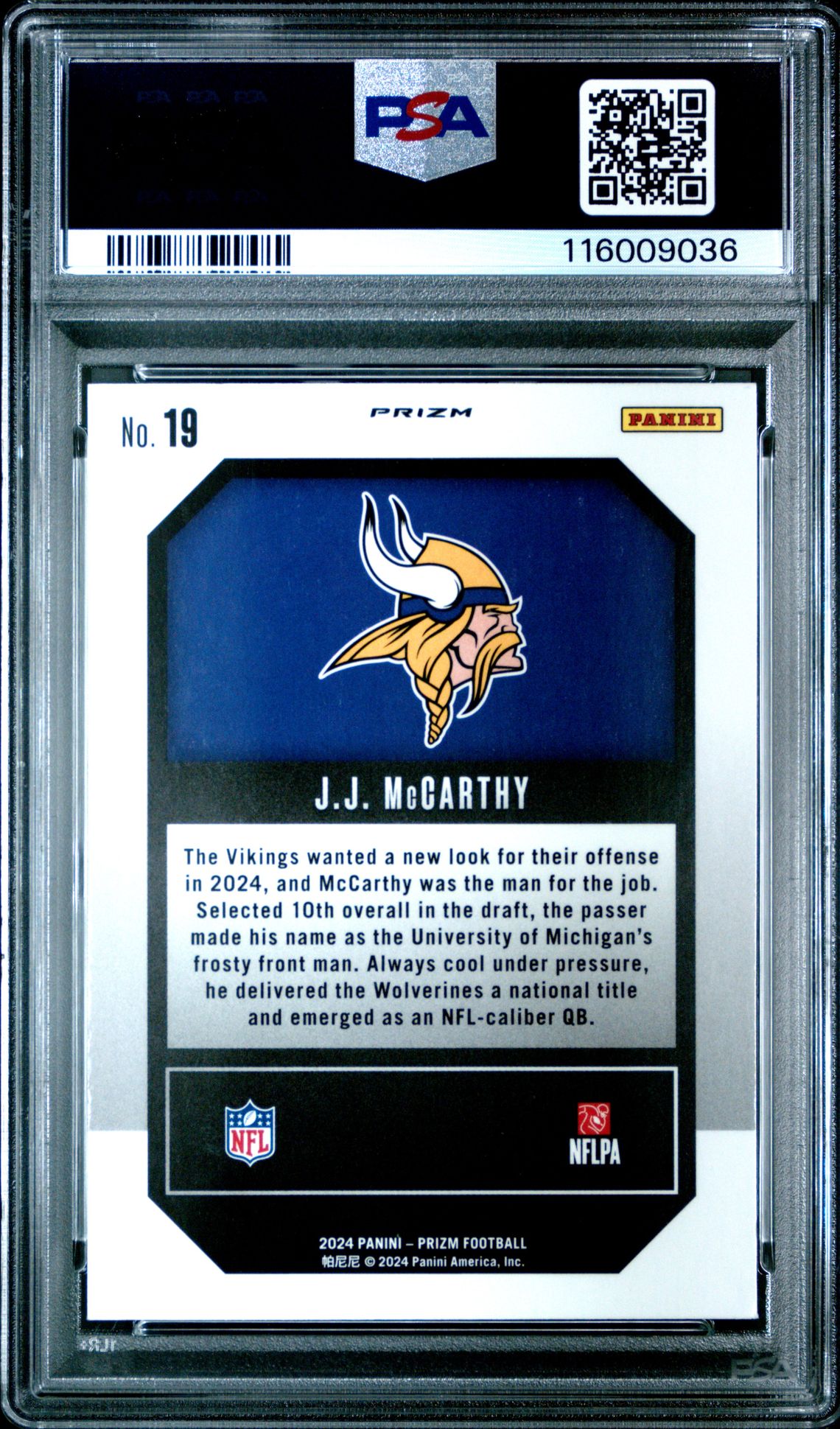 2024 Panini Prizm Emergent Jj Mccarthy #19 (Emergent-Green Prizm) Gem Mt 10 back