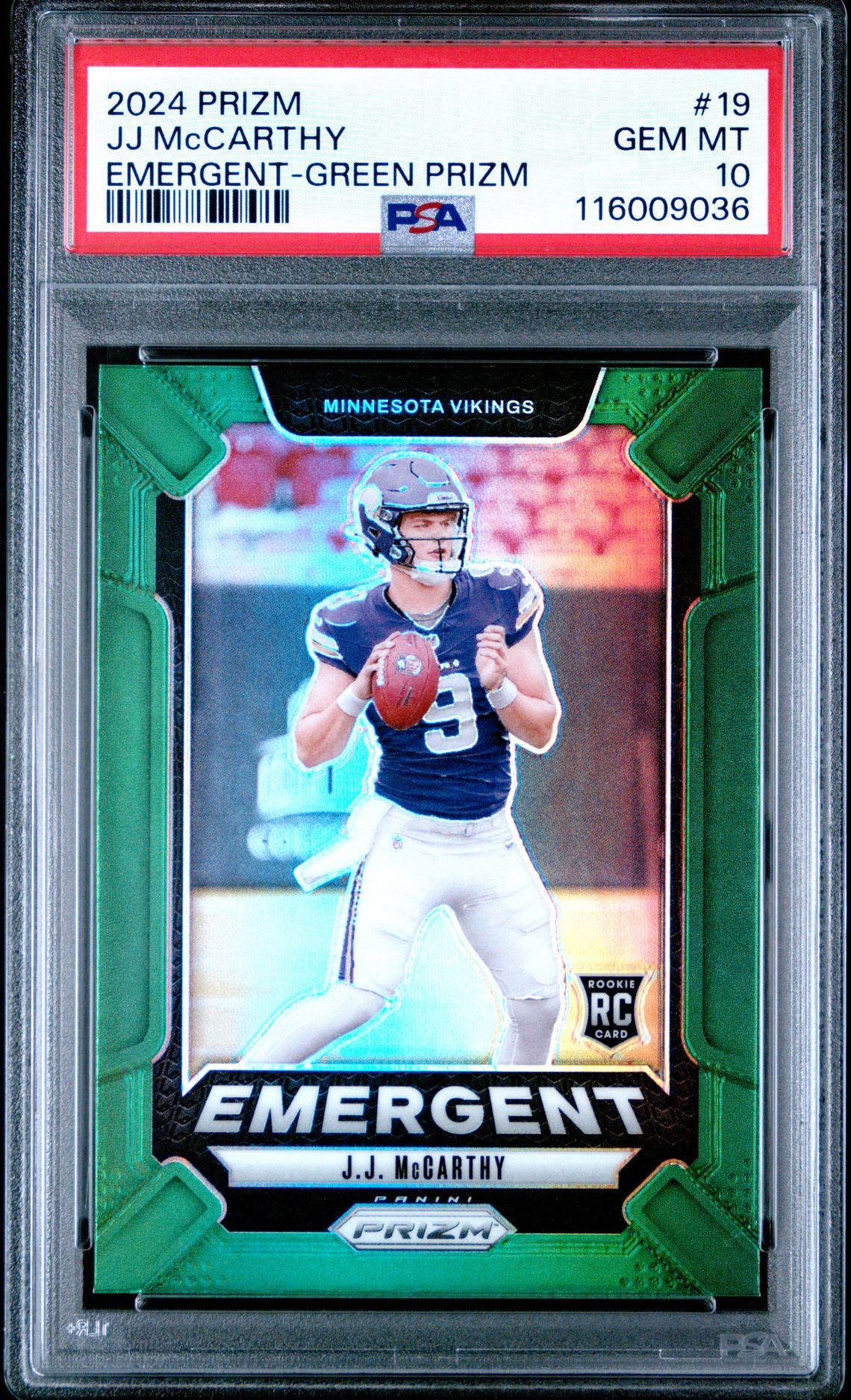 2024 Panini Prizm Emergent Jj Mccarthy #19 (Emergent-Green Prizm) Gem Mt 10 front