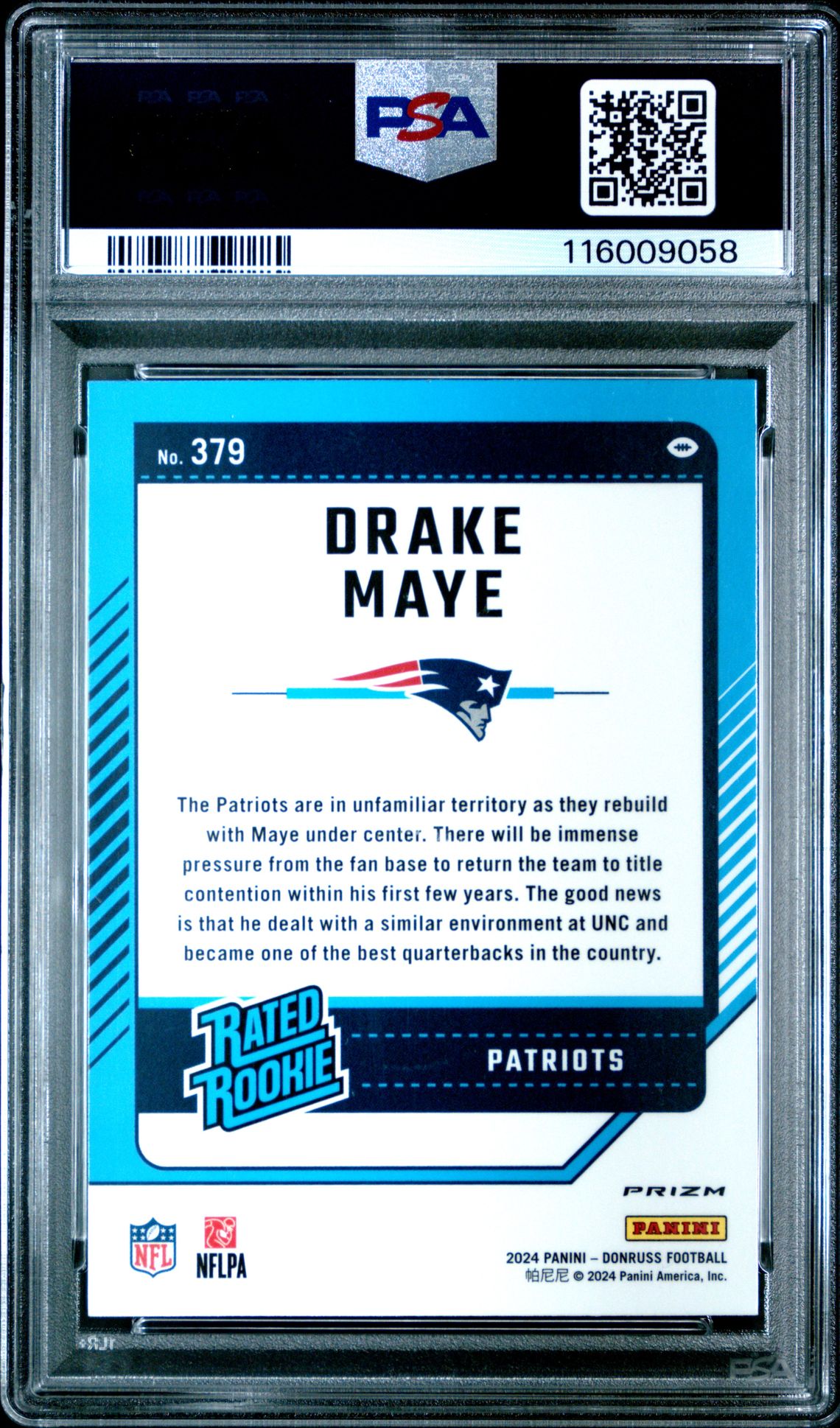2024 Panini Donruss Drake Maye #379 (Optic Preview-Pink) Gem Mt 10 back