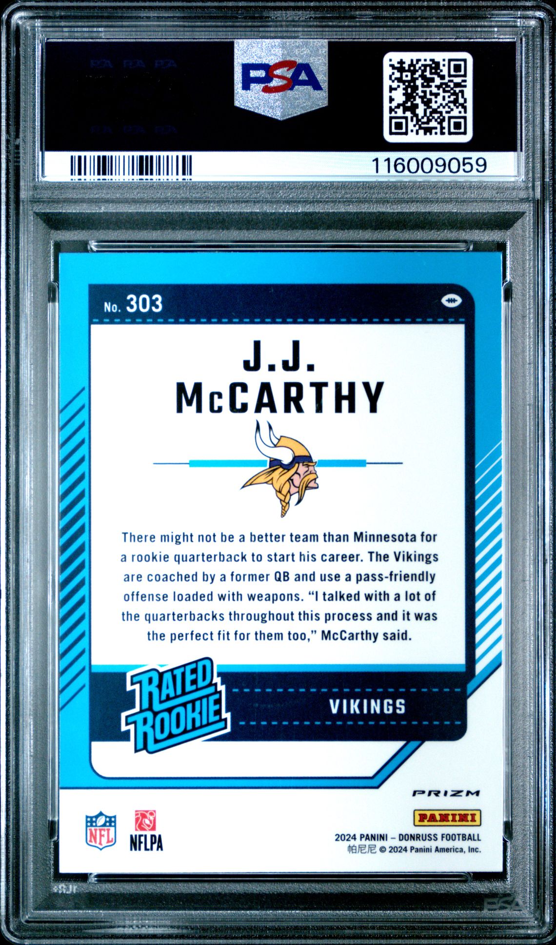 2024 Panini Donruss Jj Mccarthy #303 (Optic Preview-Pink) Mint 9 back