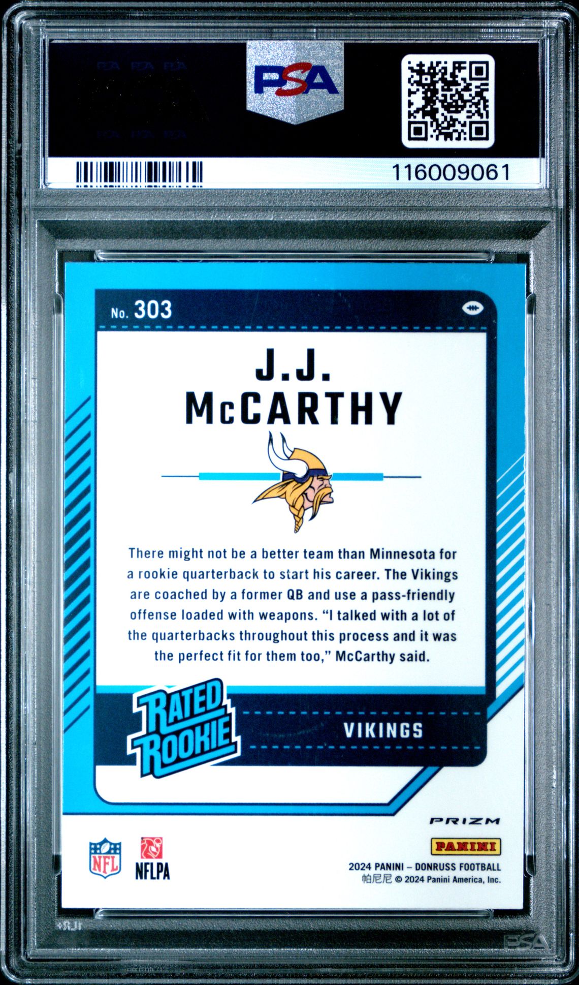 2024 Panini Donruss Jj Mccarthy #303 (Optic Preview-Blue Scope) Mint 9 back