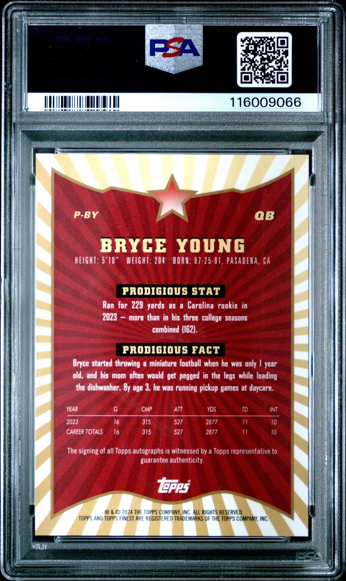 2024 Topps Finest Prodigies Autographs Bryce Young #Pby Mint 9 back