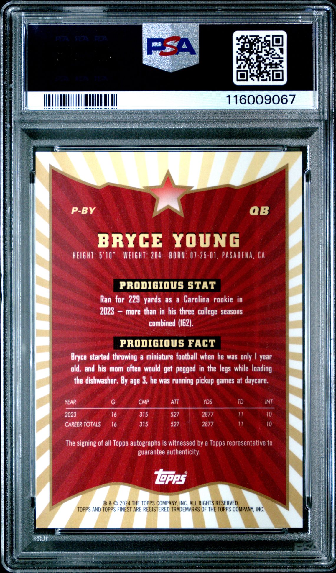 2024 Topps Finest Prodigies Autographs Bryce Young #Pby (Prodigies Auto-Gold Ref) Mint 9 back