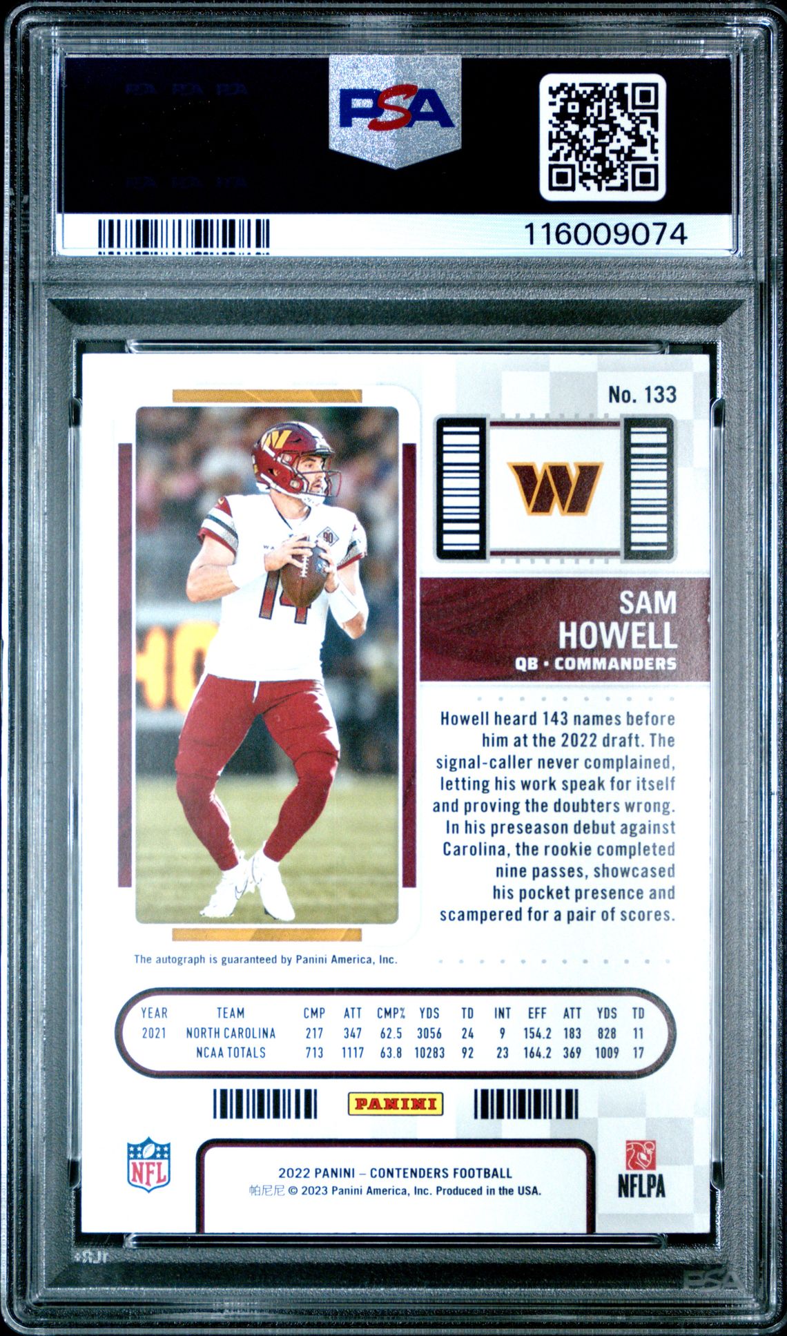 2022 Panini Contenders Sam Howell #133 (Autograph) Mint 9 back