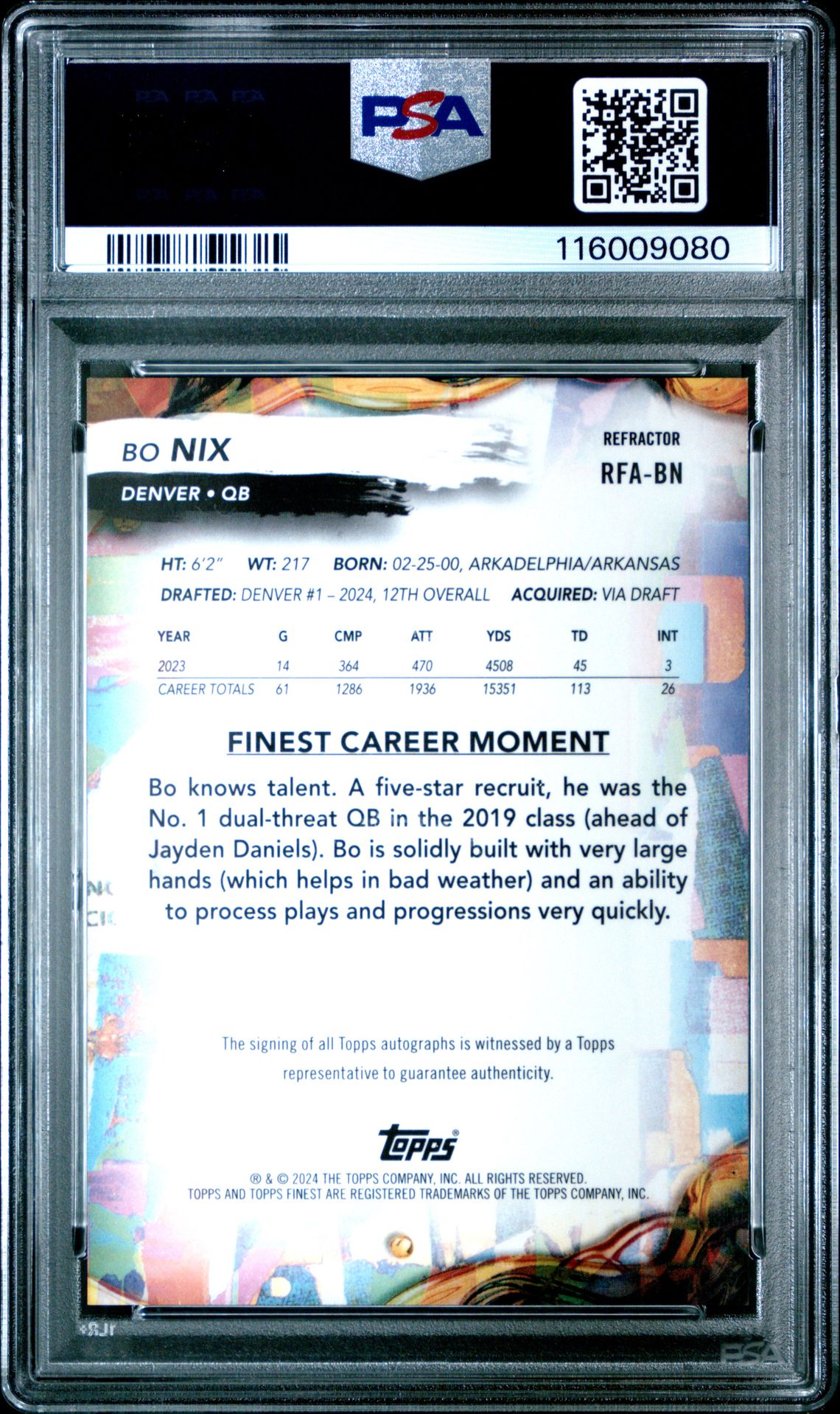 2024 Topps Finest Rookie Finest Autographs Bo Nix #Rfabn (Rookie Finest Au-Refractor) Mint 9 back