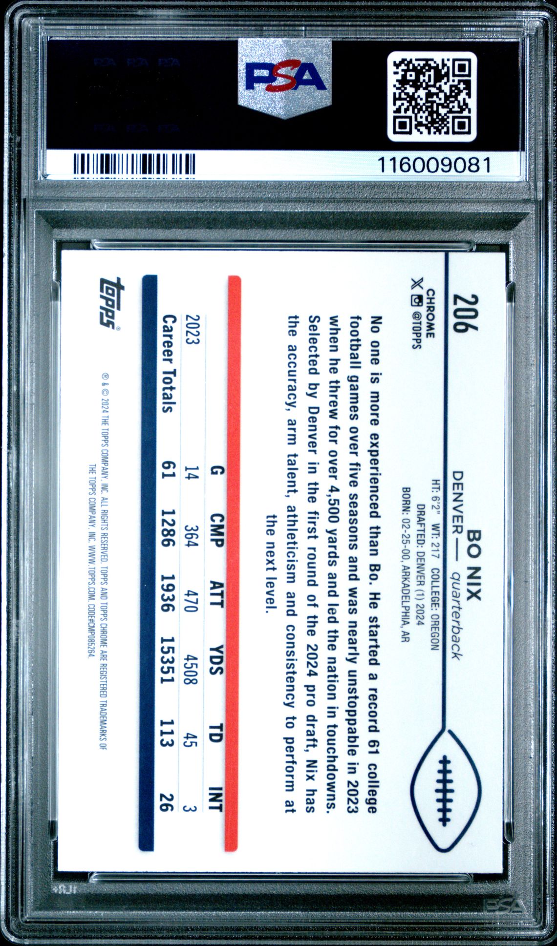 2024 Topps Chrome Bo Nix #206 (Teal Refractor) Mint 9 back