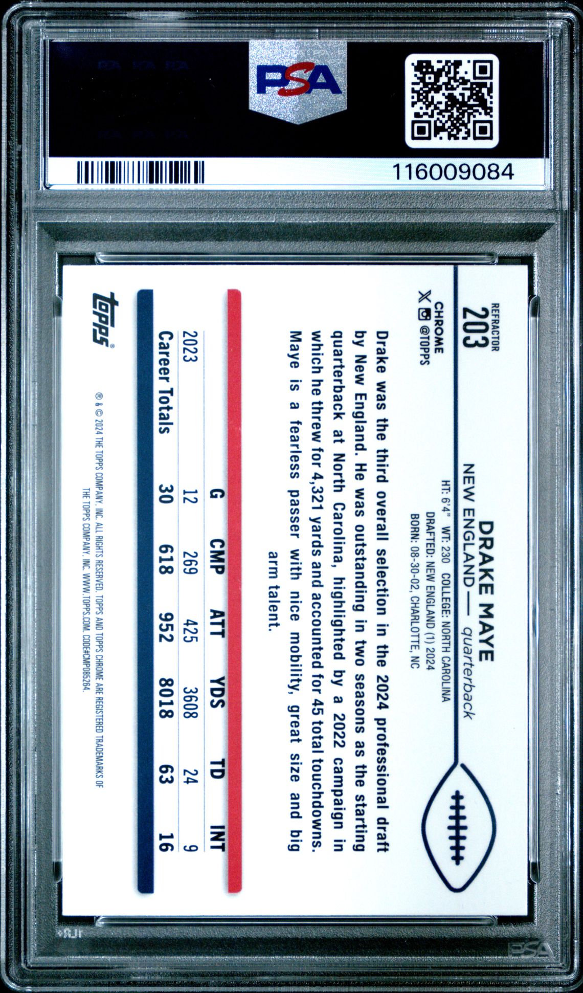 2024 Topps Chrome Drake Maye #203 (Refractor) Mint 9 back