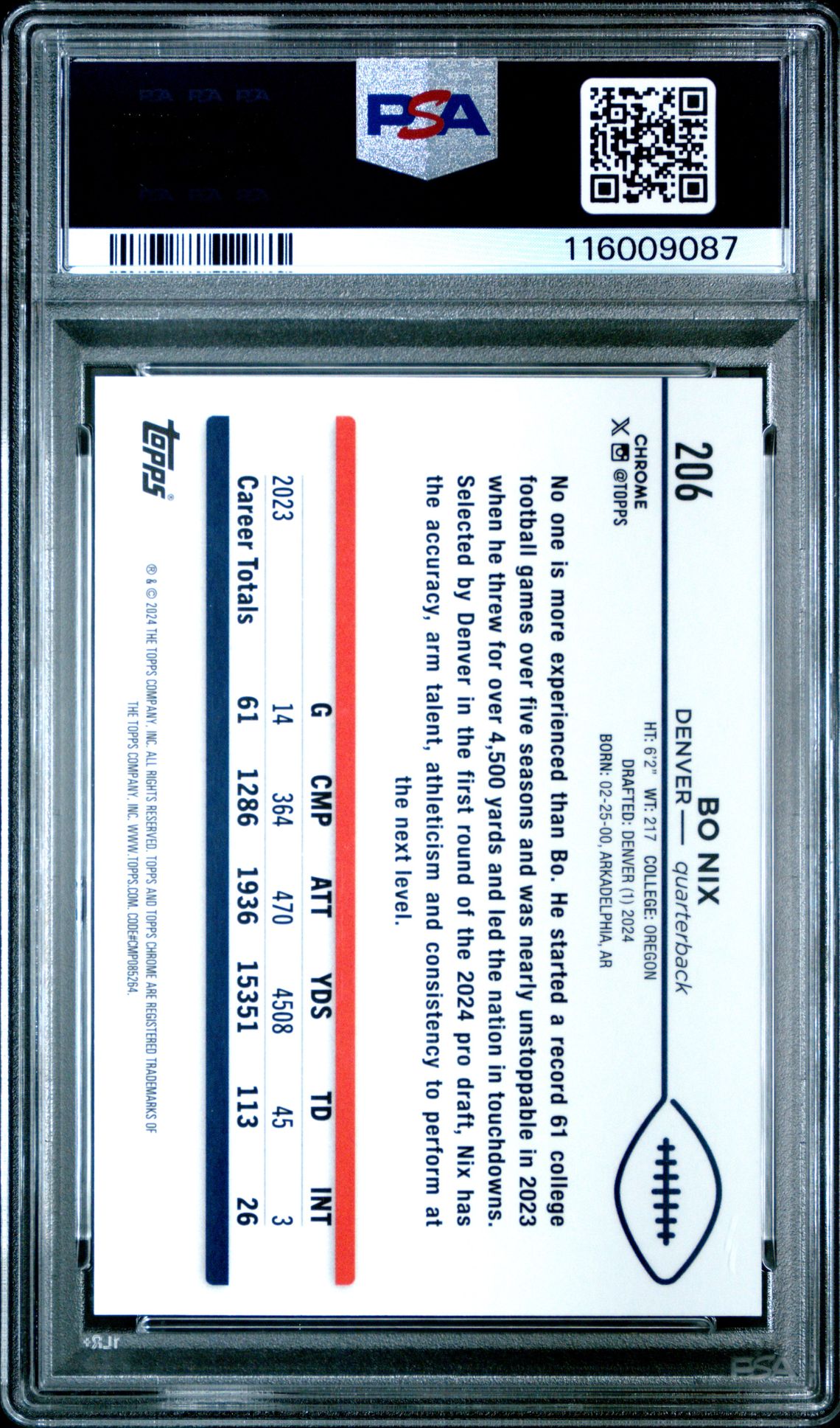 2024 Topps Chrome Bo Nix #206 (Orange Geometric) Mint 9 back