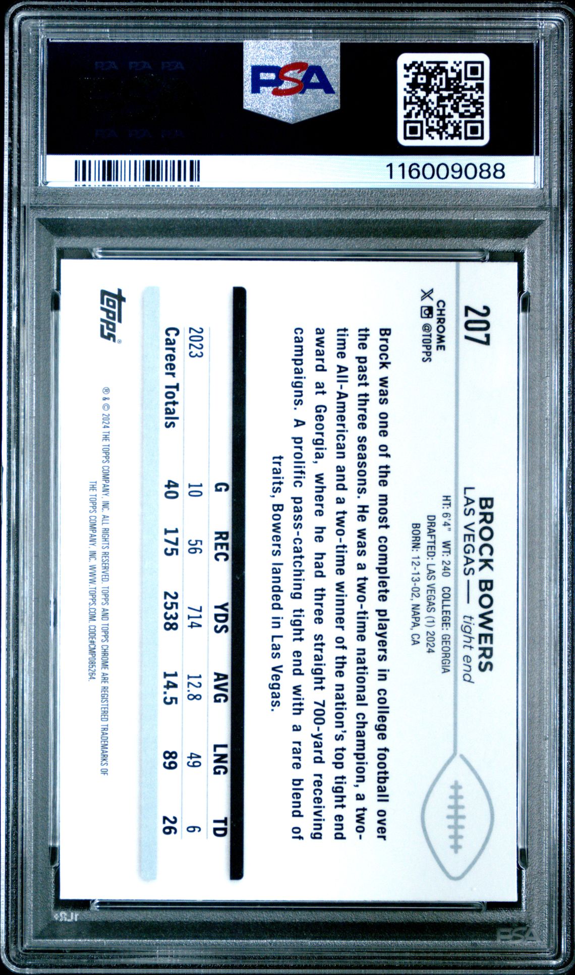 2024 Topps Chrome Brock Bowers #207 (Purple Speckle) Mint 9 back