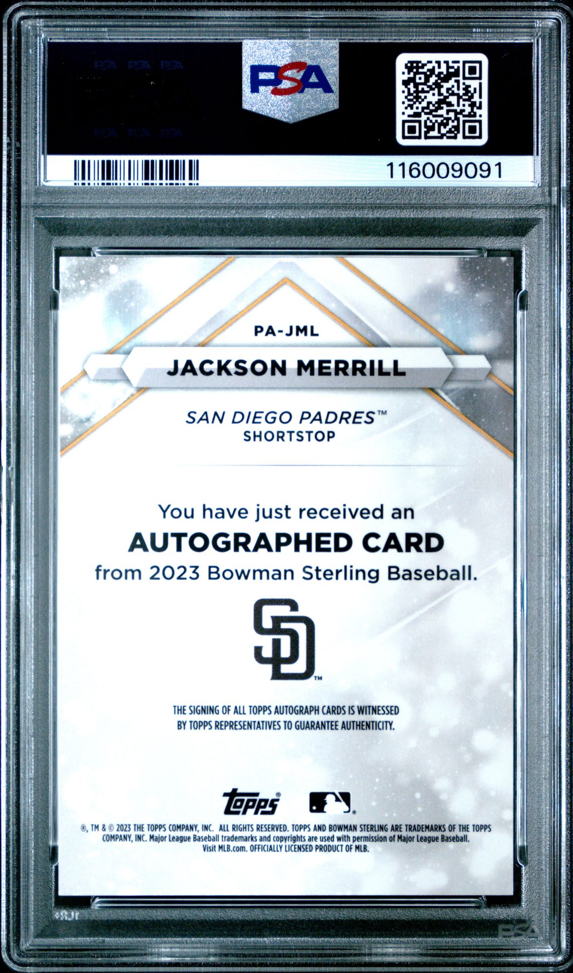 2023 Bowman Sterling Prospect Autographs Jackson Merrill #Pajml Mint 9 back
