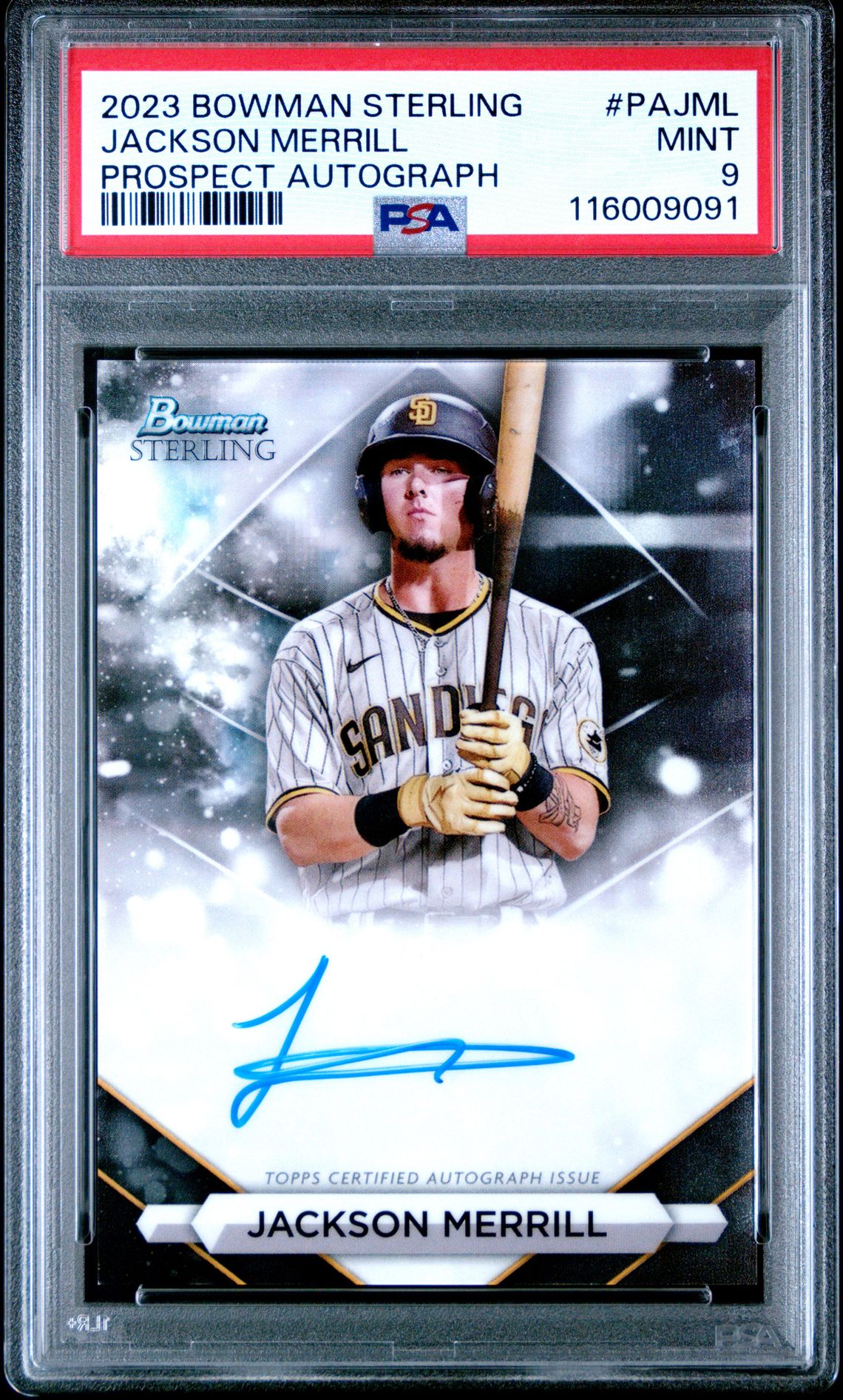 2023 Bowman Sterling Prospect Autographs Jackson Merrill #Pajml Mint 9 front