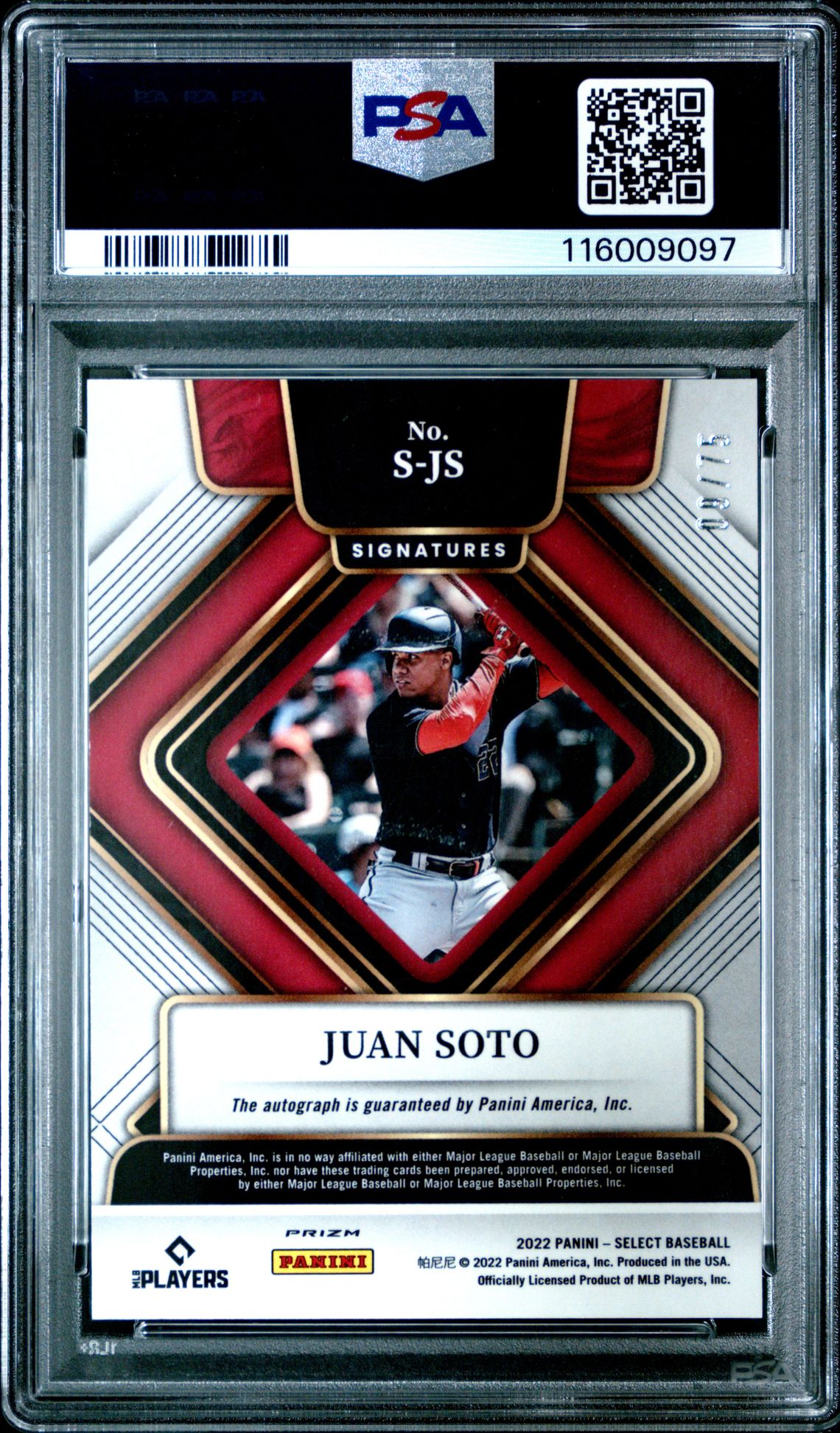 2022 Panini Select Signatures Juan Soto #S-Js (Signatures-Holo) Gem Mt 10 back