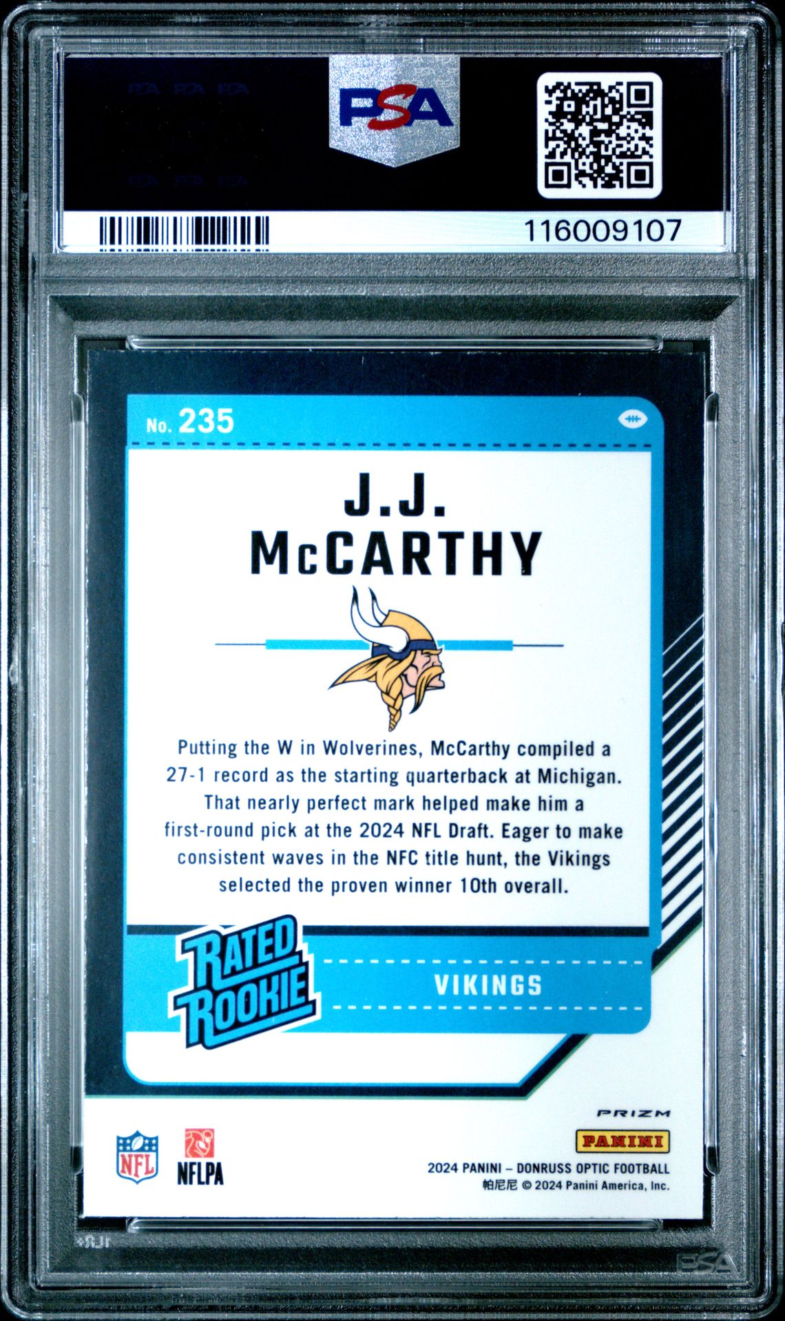 2024 Panini Donruss Optic Jj Mccarthy #235 (Holo) Mint 9 back