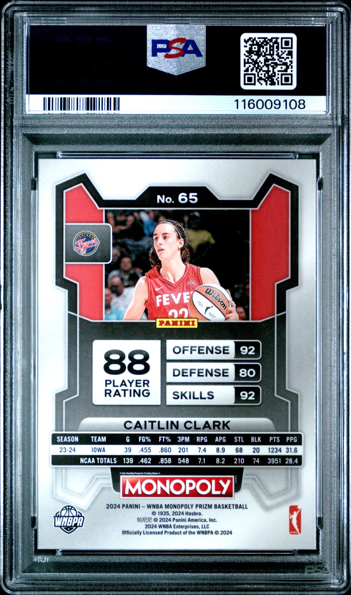 2024 Panini Prizm Monopoly Wnba Caitlin Clark #65 Mint 9 back