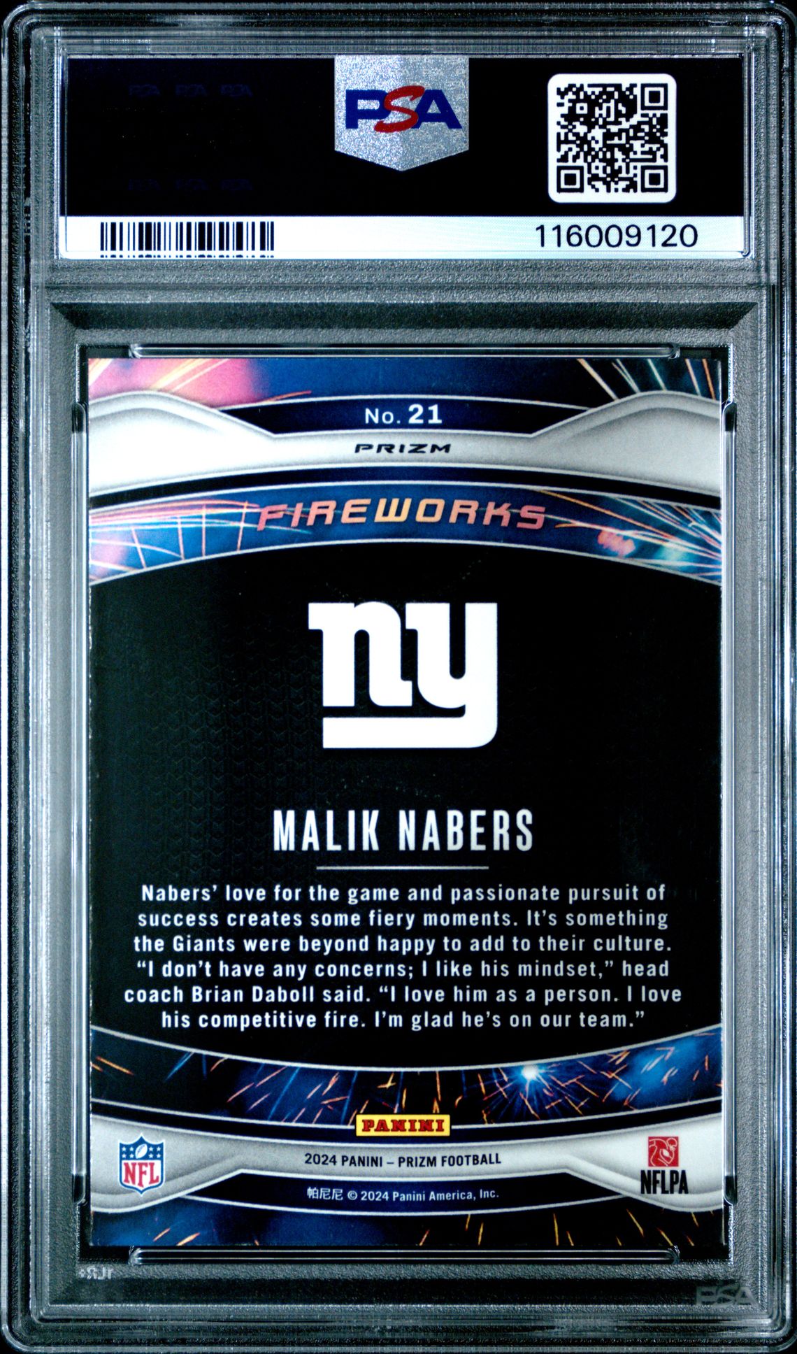 2024 Panini Prizm Fireworks Malik Nabers #21 (Fireworks-Green Ice) Gem Mt 10 back