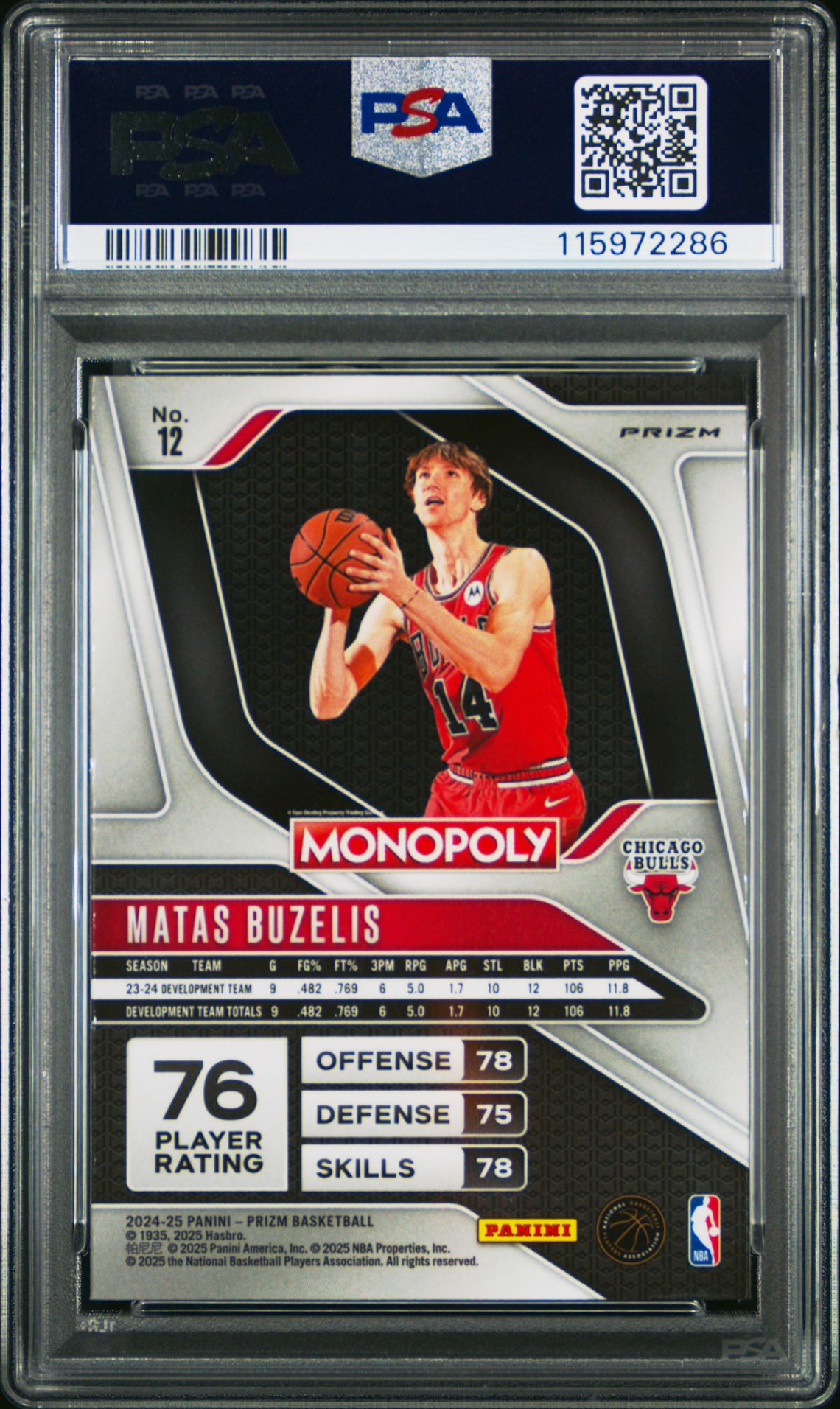 2024 Panini Prizm Monopoly Matas Buzelis #12 (Free Parking) Gem Mt 10 back