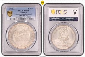 1950-Mo 5 Peso Southeastern Railroad KM-466  Ag MS65