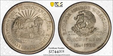 1950-Mo 5 Peso Southeastern Railroad KM-466  Ag MS65