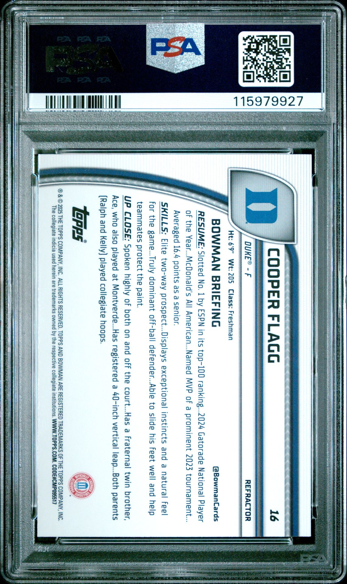 2024 Bowman Chrome University Cooper Flagg #16 (Refractor) Mint 9 back