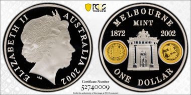 2002 $1 Melbourne Mint KM-660 Select Gilt  Ag PR70DCAM