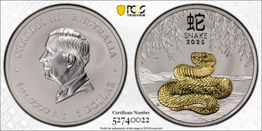 2025-P $1 Year of the Snake 1oz Ag Selective Gilt MS70