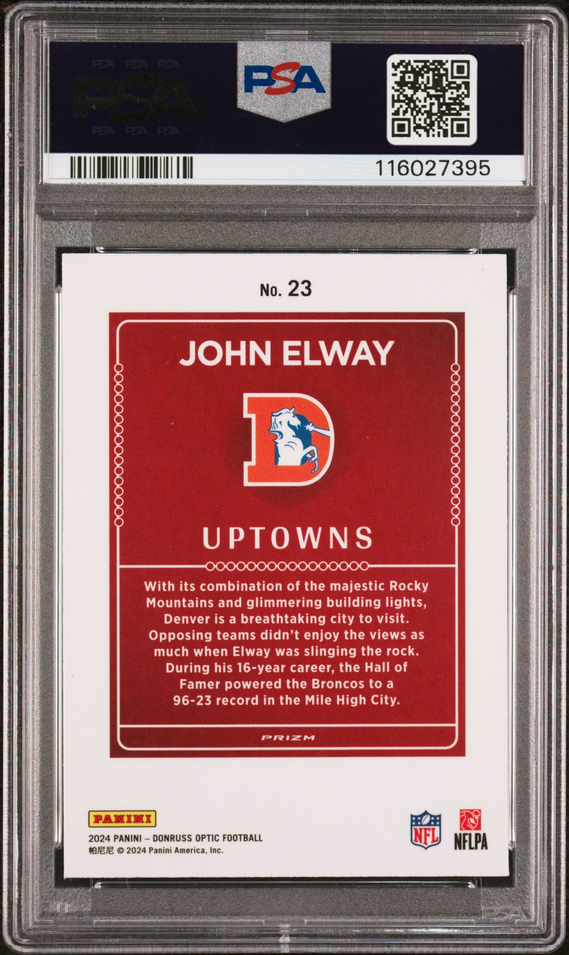 2024 Panini Donruss Optic Uptowns John Elway #23 Gem Mt 10 back