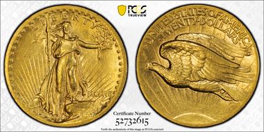 1907 $20 High Relief, Wire Edge AU50