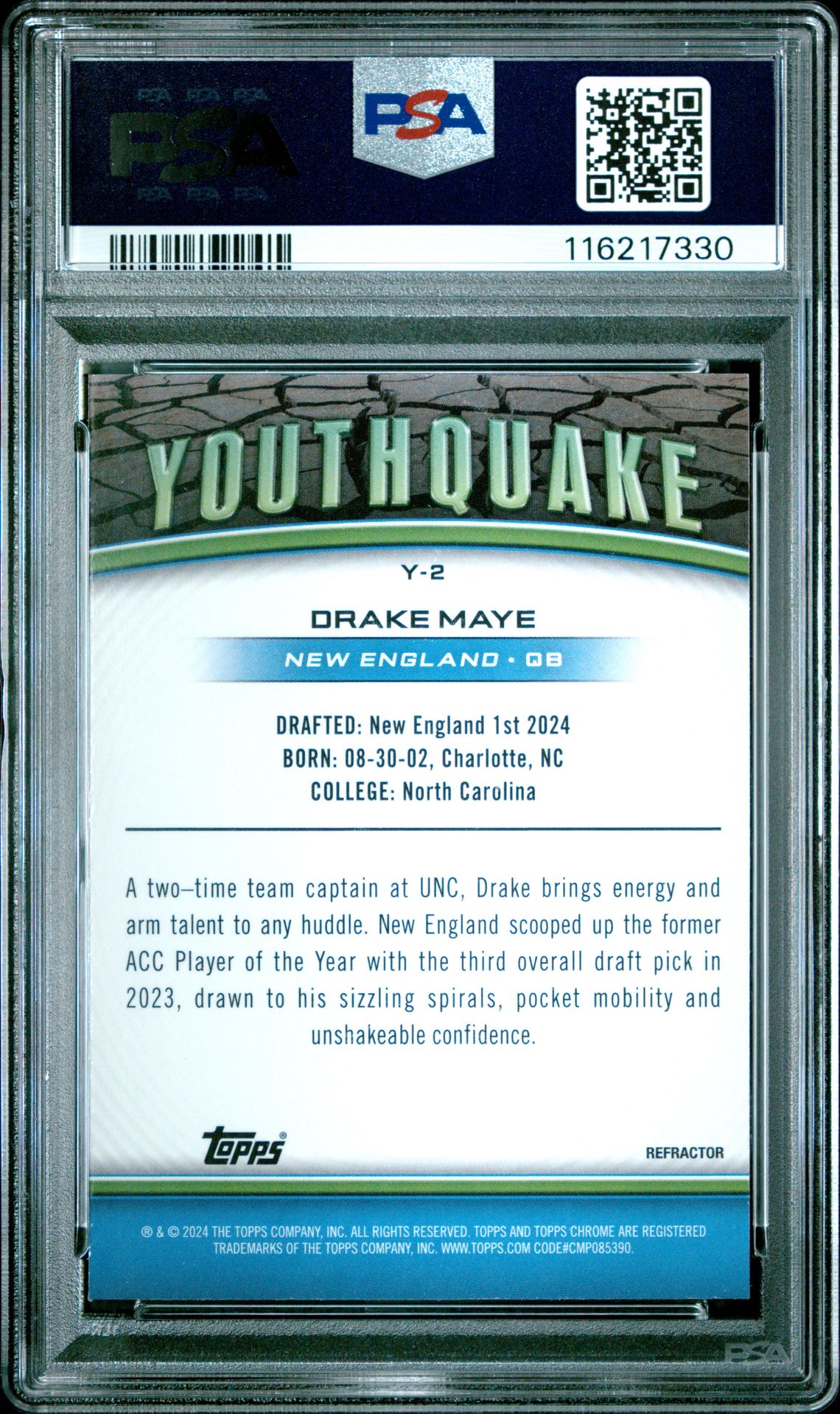2024 Topps Chrome Youthquake Drake Maye #Y2 (Youthquake-Refractor) Gem Mt 10 back