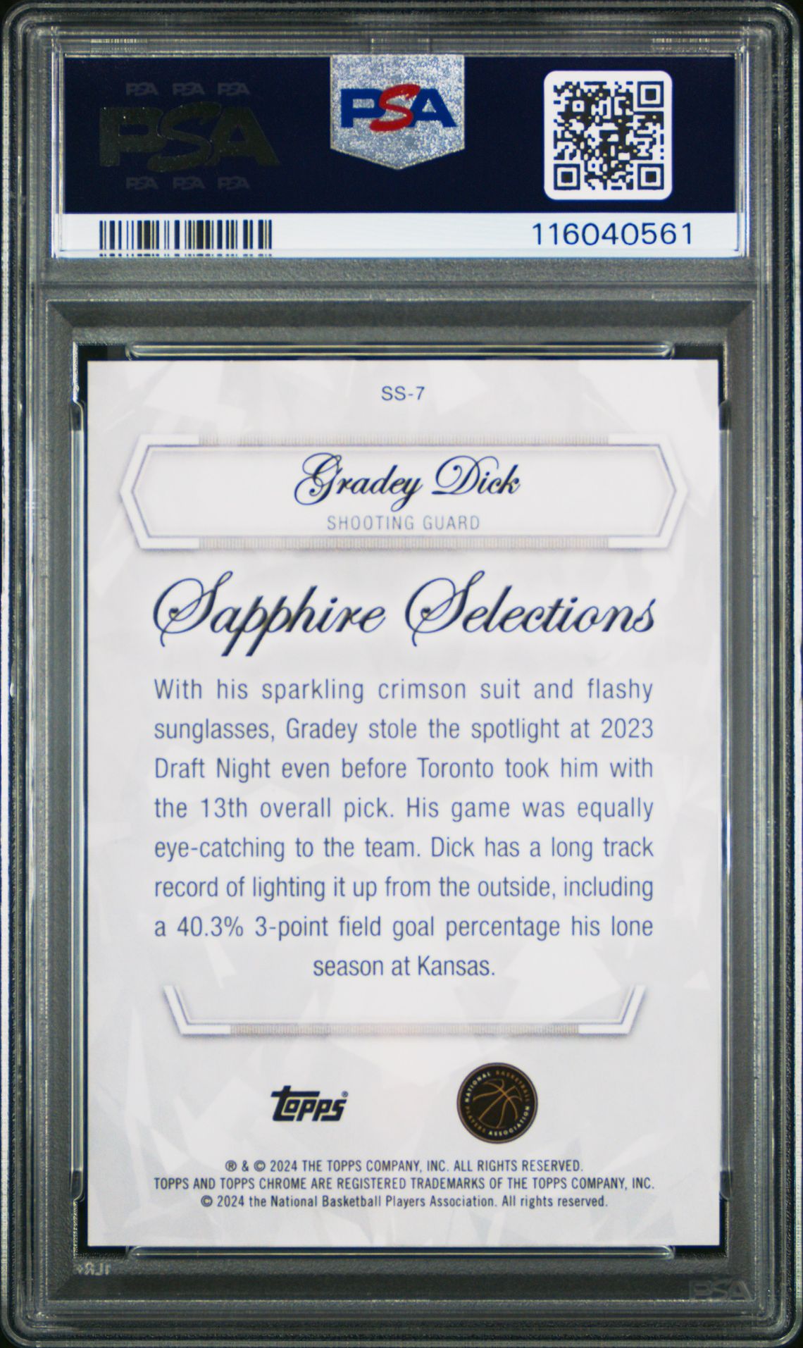 2023 Topps Chrome Sapphire Edition Sapphire Selections Gradey Dick #Ss7 (Selections-Orange) Gem Mt 10 back view - PSA certificate #116040561
