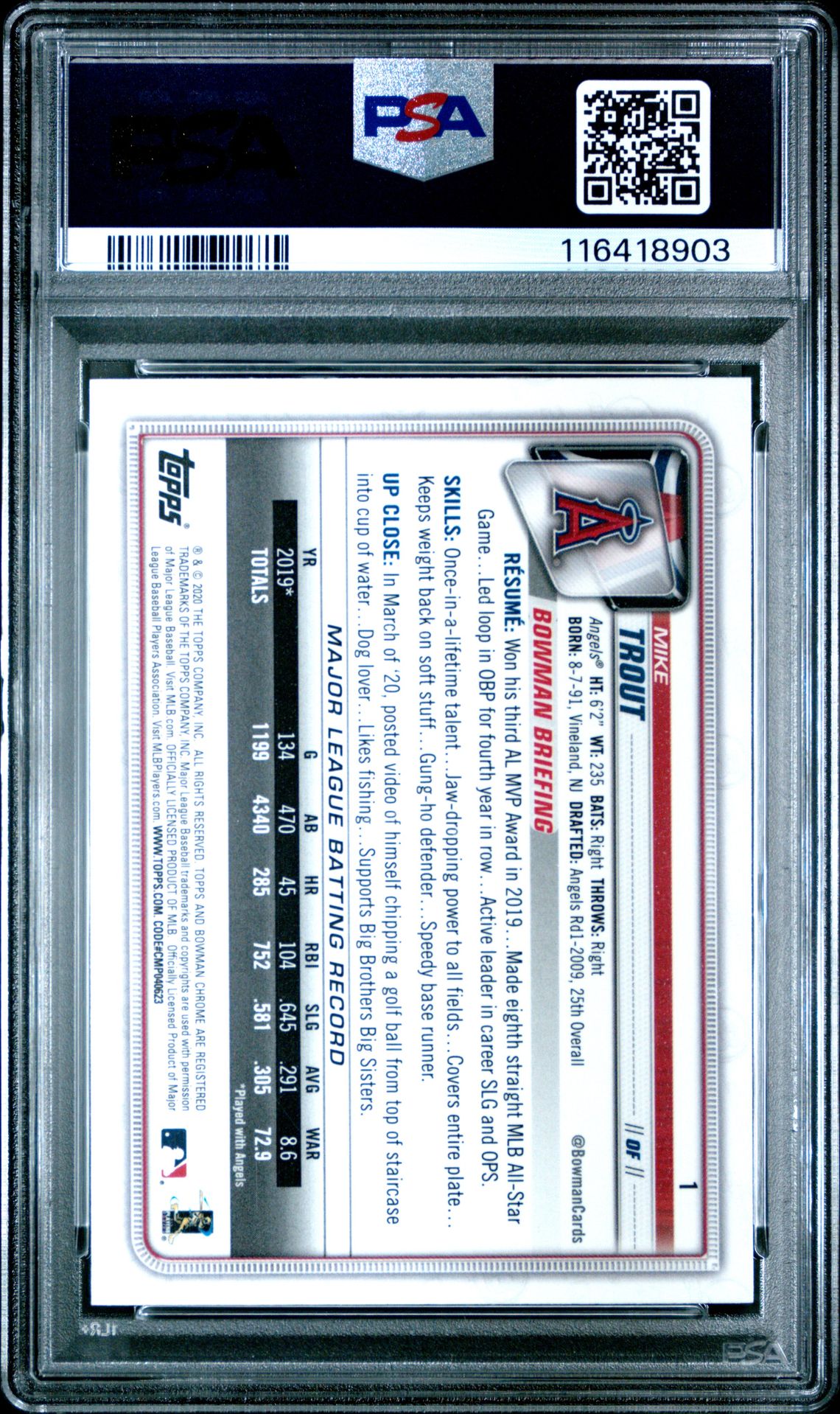 2020 Bowman Chrome Mike Trout #1 Gem Mt 10 back