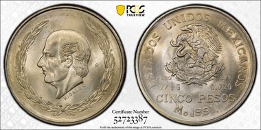1951-Mo 5 Peso Hildago KM-467  Ag MS66