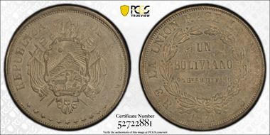 1871-PTS ER Boliv KM-155.3 11 Stars AU58