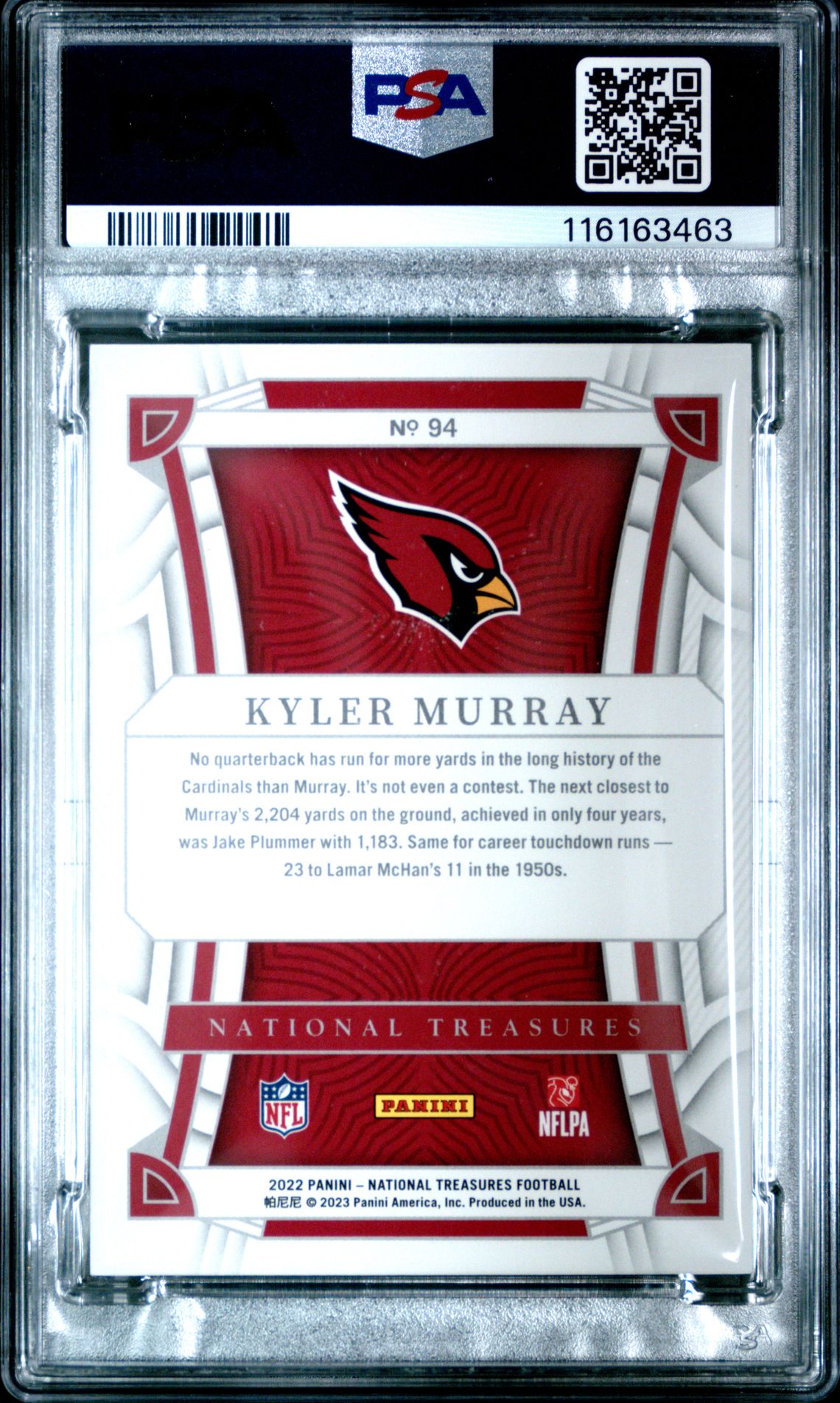 2022 Panini National Treasures Kyler Murray #94 (Holo Gold) Mint 9 back