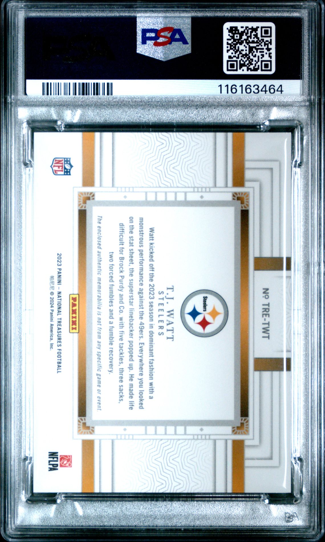 2023 Panini National Treasures Tremendous Treasures Relics Tj Watt #Twt (Tremendous Treas Relic) Gem Mt 10 back