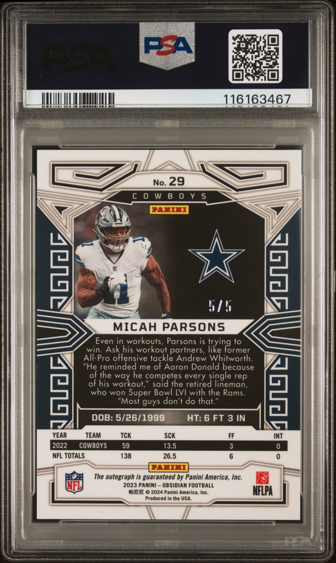 2023 Panini Obsidian Micah Parsons #29 (Signature-Ee Deep Sea Mojo) Mint 9 back