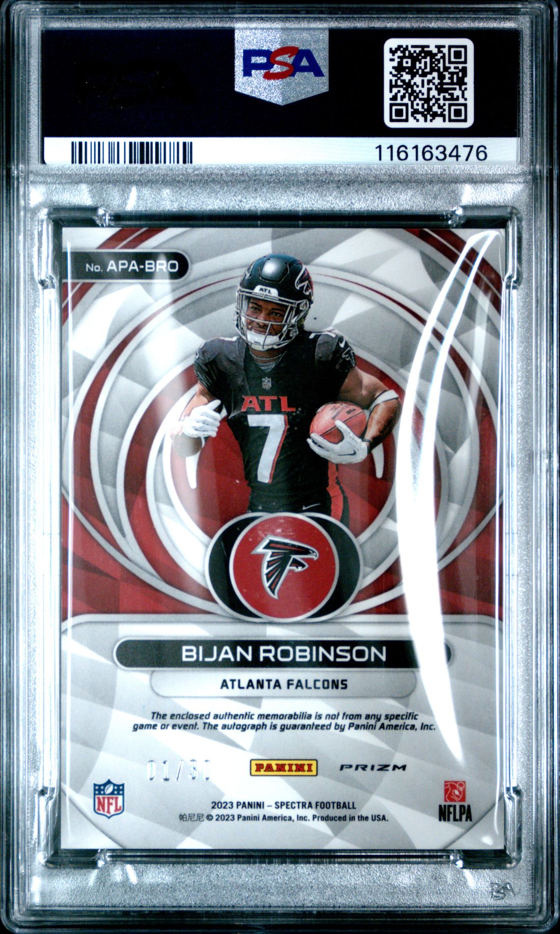 2023 Panini Spectra Aspiring Patch Autographs Bijan Robinson #Apabro (Aspiring Pat Au-Neon Purple) Mint 9 back