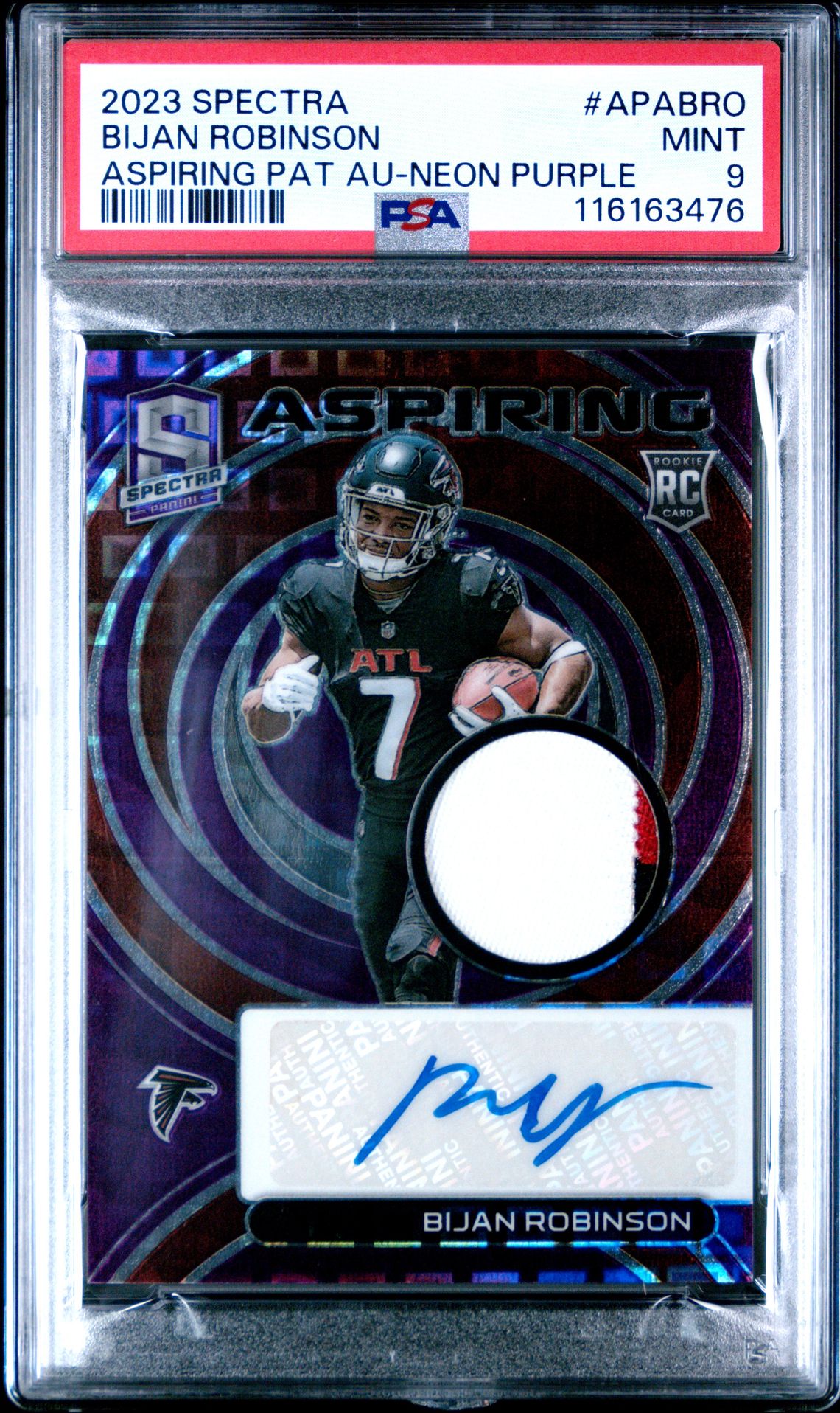 2023 Panini Spectra Aspiring Patch Autographs Bijan Robinson #Apabro (Aspiring Pat Au-Neon Purple) Mint 9 front