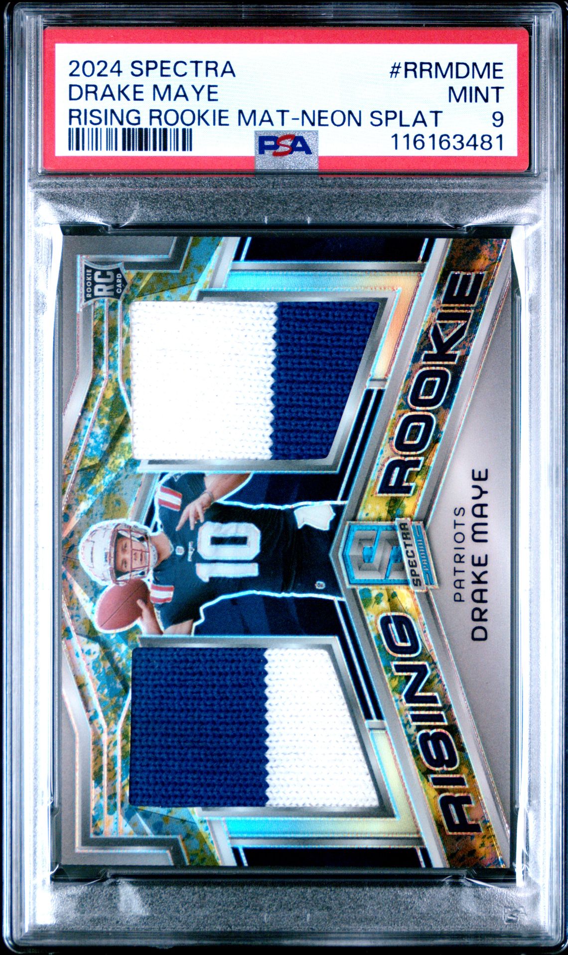 2024 Panini Spectra Rising Rookie Materials Drake Maye #Rrmdme (Rising Rookie Mat-Neon Splat) Mint 9 front
