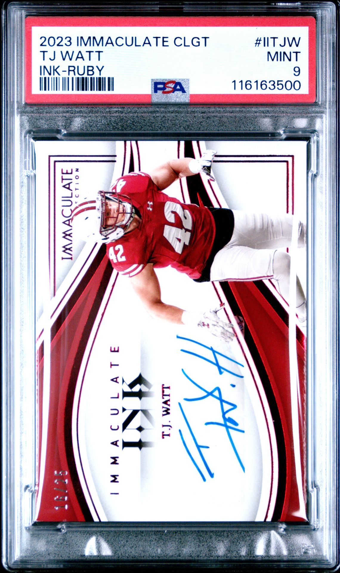 2023 Panini Immaculate Collection Collegiate Immaculate Ink Tj Watt #Iitjw (Ink-Ruby) Mint 9 front