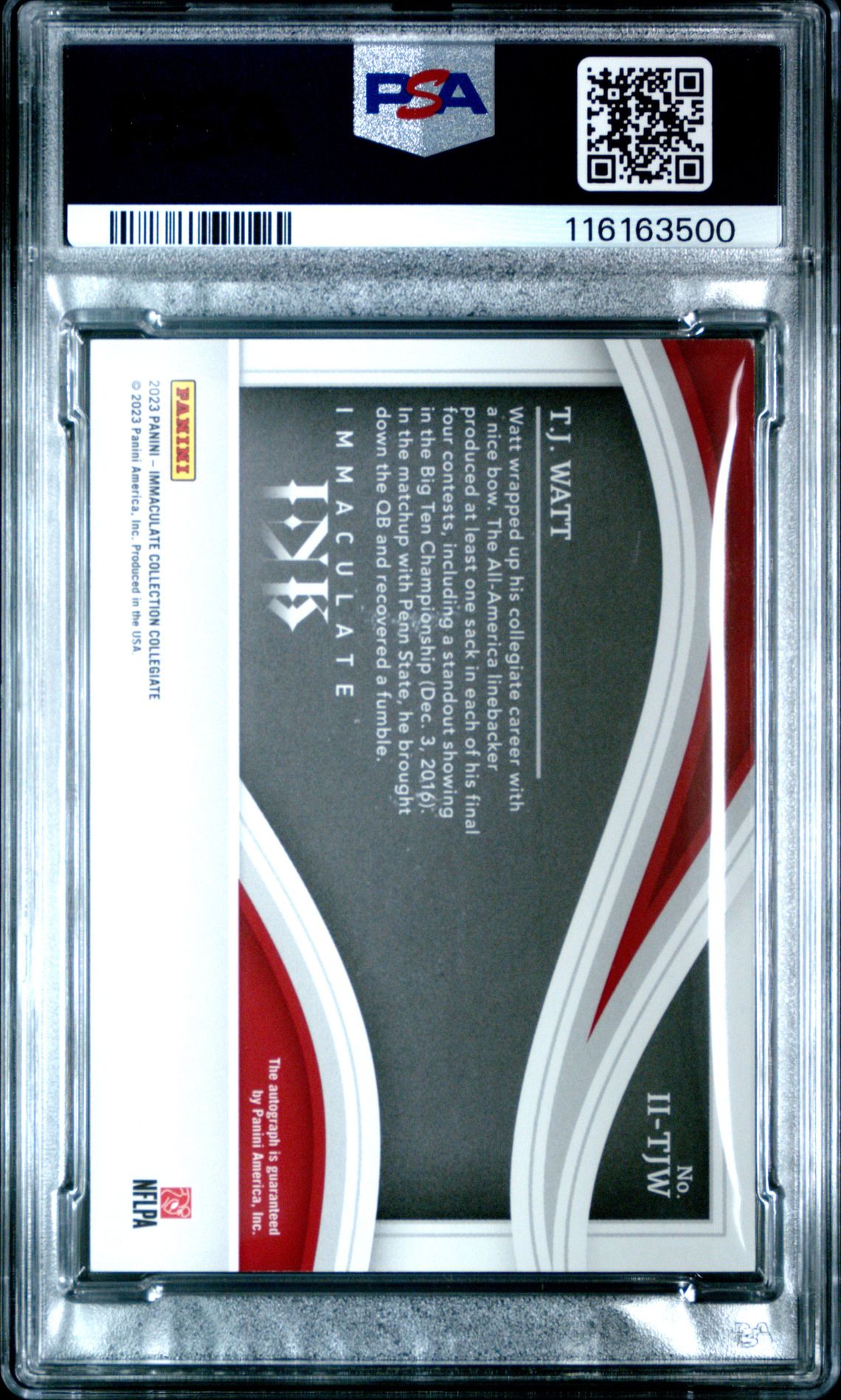 2023 Panini Immaculate Collection Collegiate Immaculate Ink Tj Watt #Iitjw (Ink-Ruby) Mint 9 back