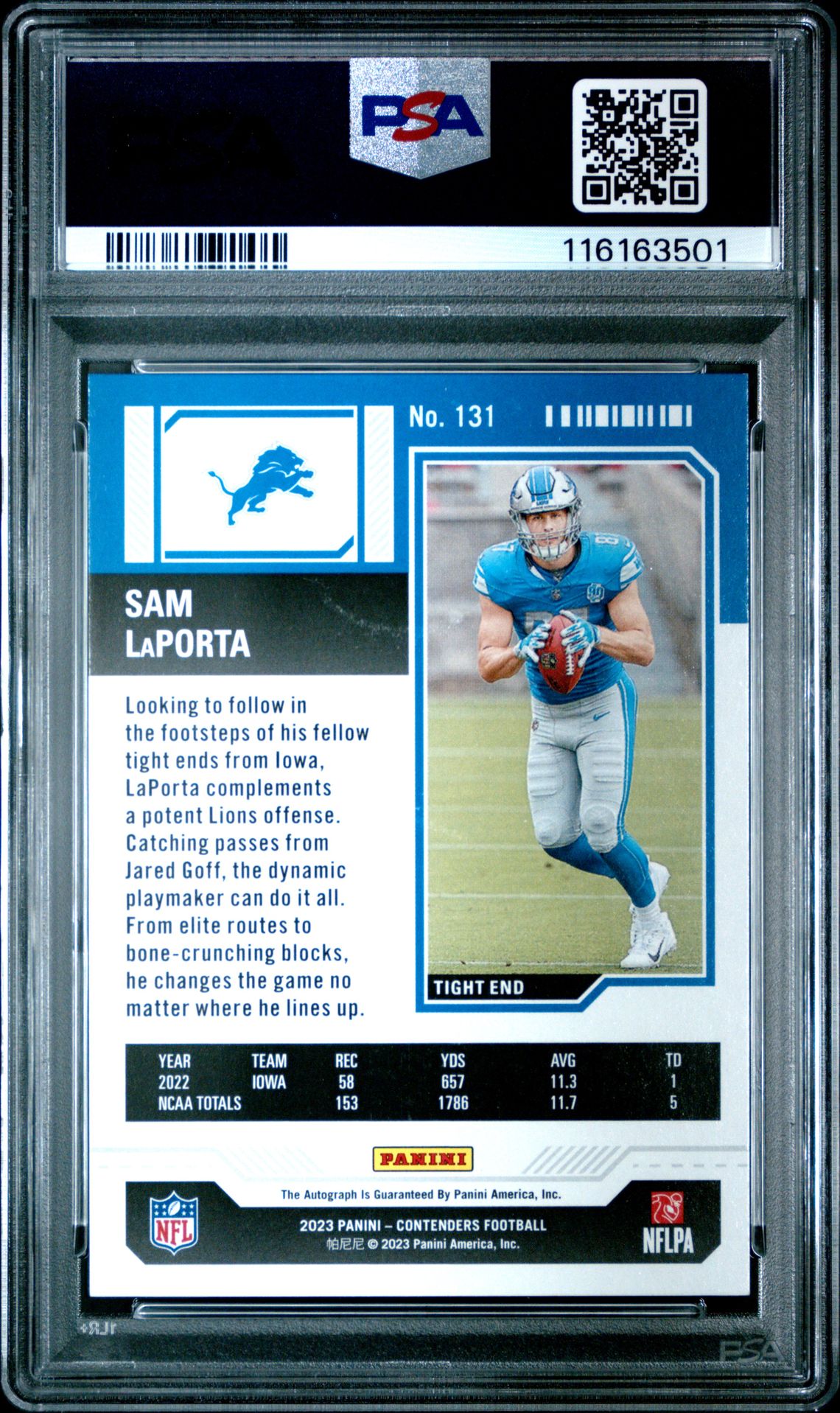 2023 Panini Contenders Sam Laporta #131 (Autograph) Mint 9 back