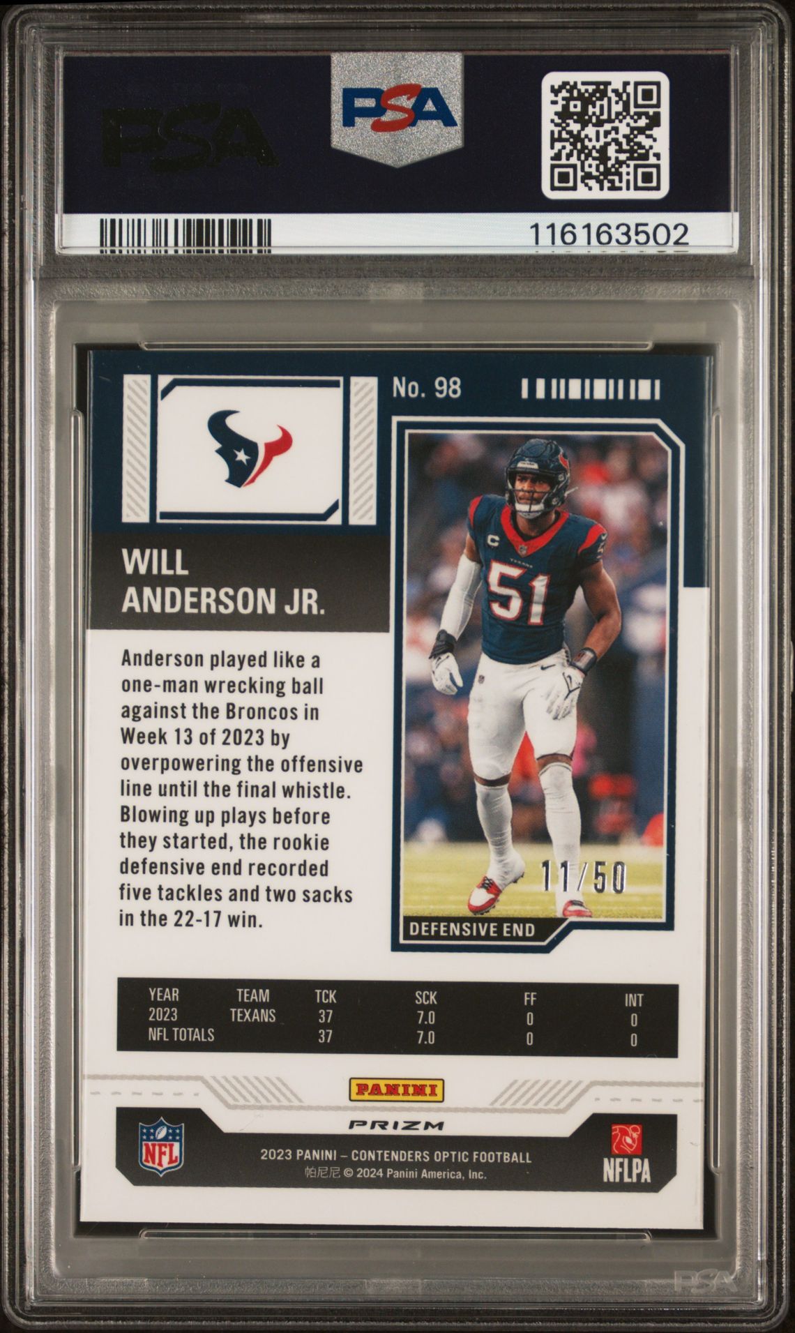 2023 Panini Contenders Optic Will Anderson Jr. #98 (Orange) Mint 9 back