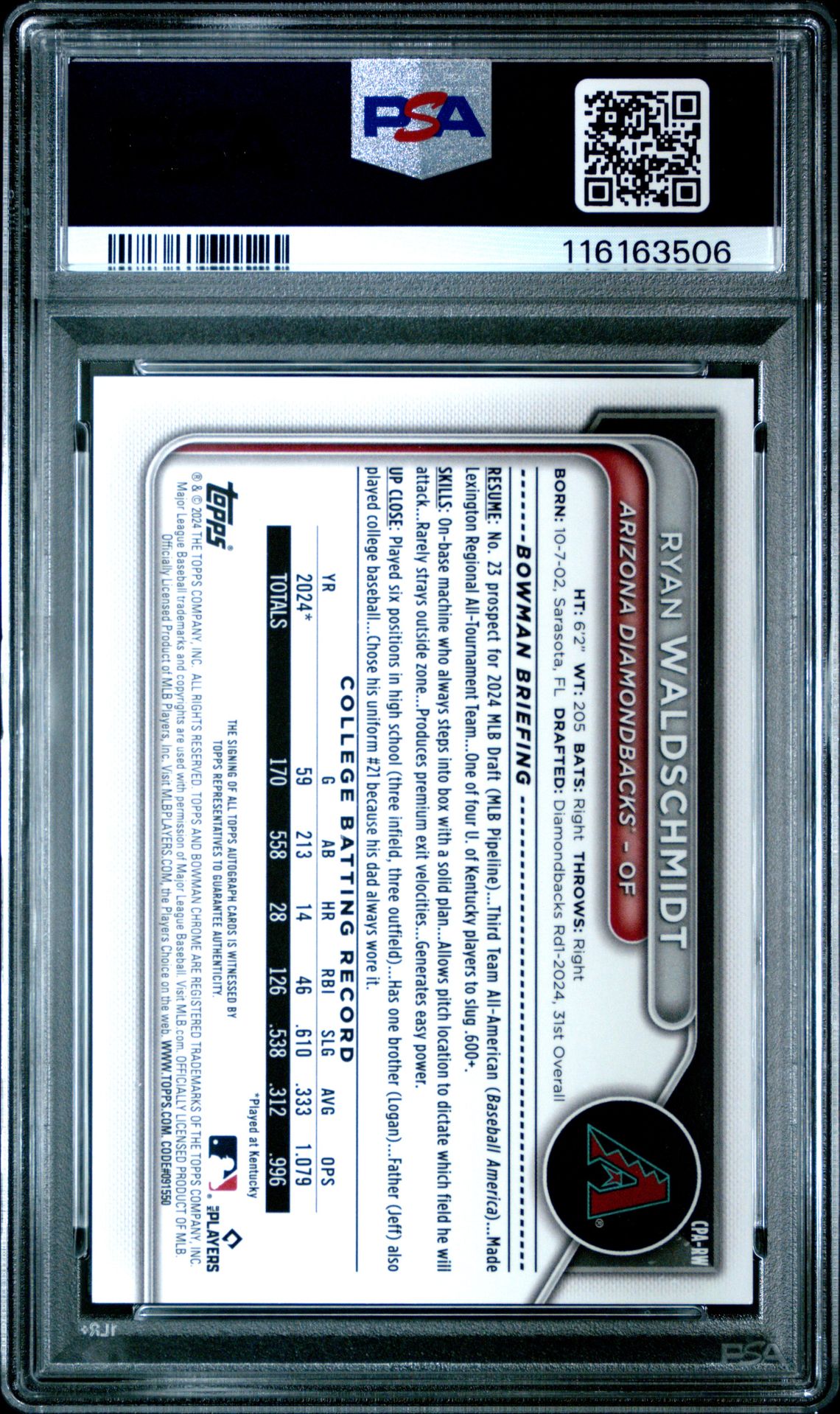2024 BOWMAN DRAFT CHROME PROSPECT AUTOGRAPHS RYAN WALDSCHMIDT CHR PROSPECT AU-ORG WAVE CPARW GEM MT 10 back