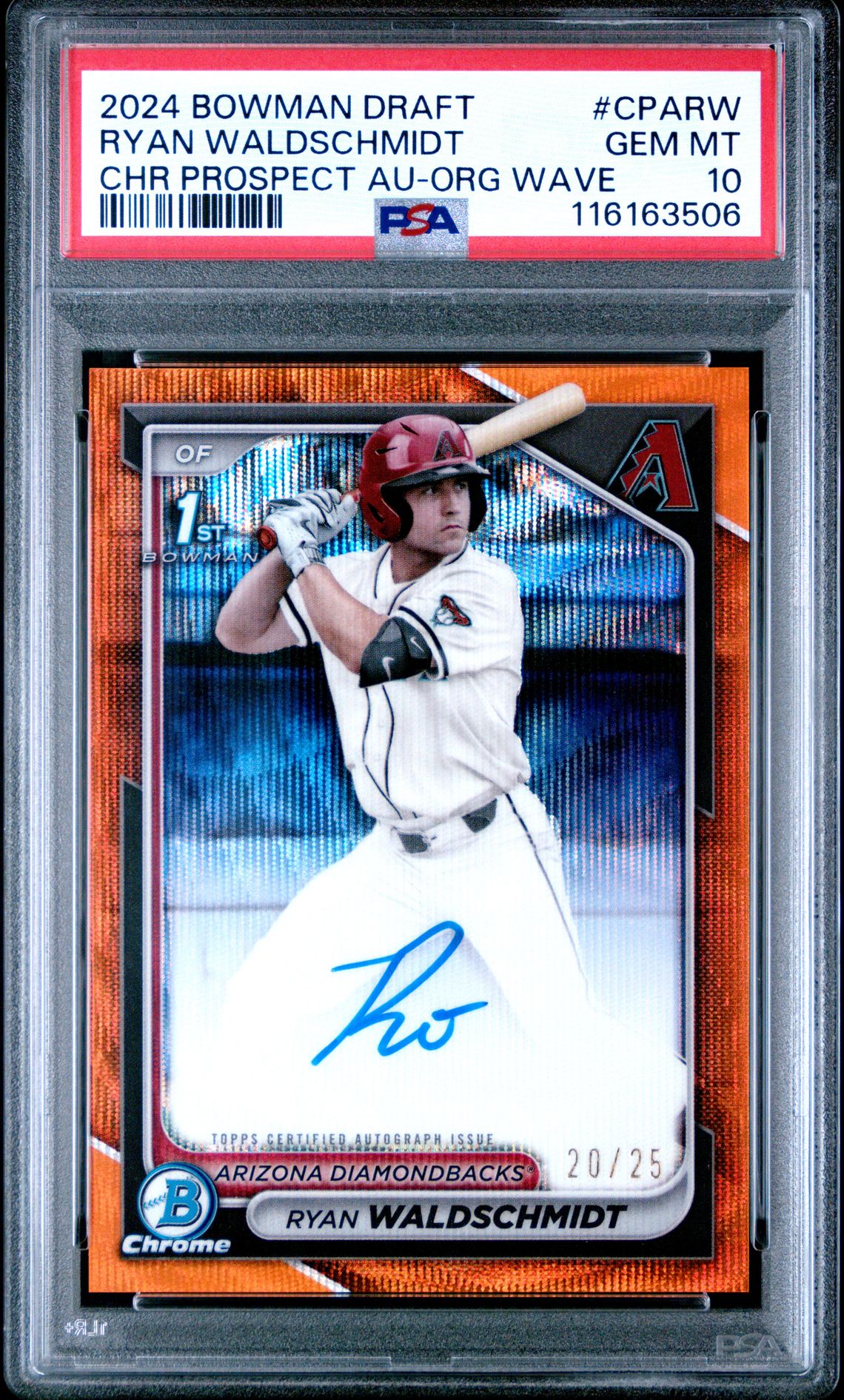 2024 BOWMAN DRAFT CHROME PROSPECT AUTOGRAPHS RYAN WALDSCHMIDT CHR PROSPECT AU-ORG WAVE CPARW GEM MT 10 front