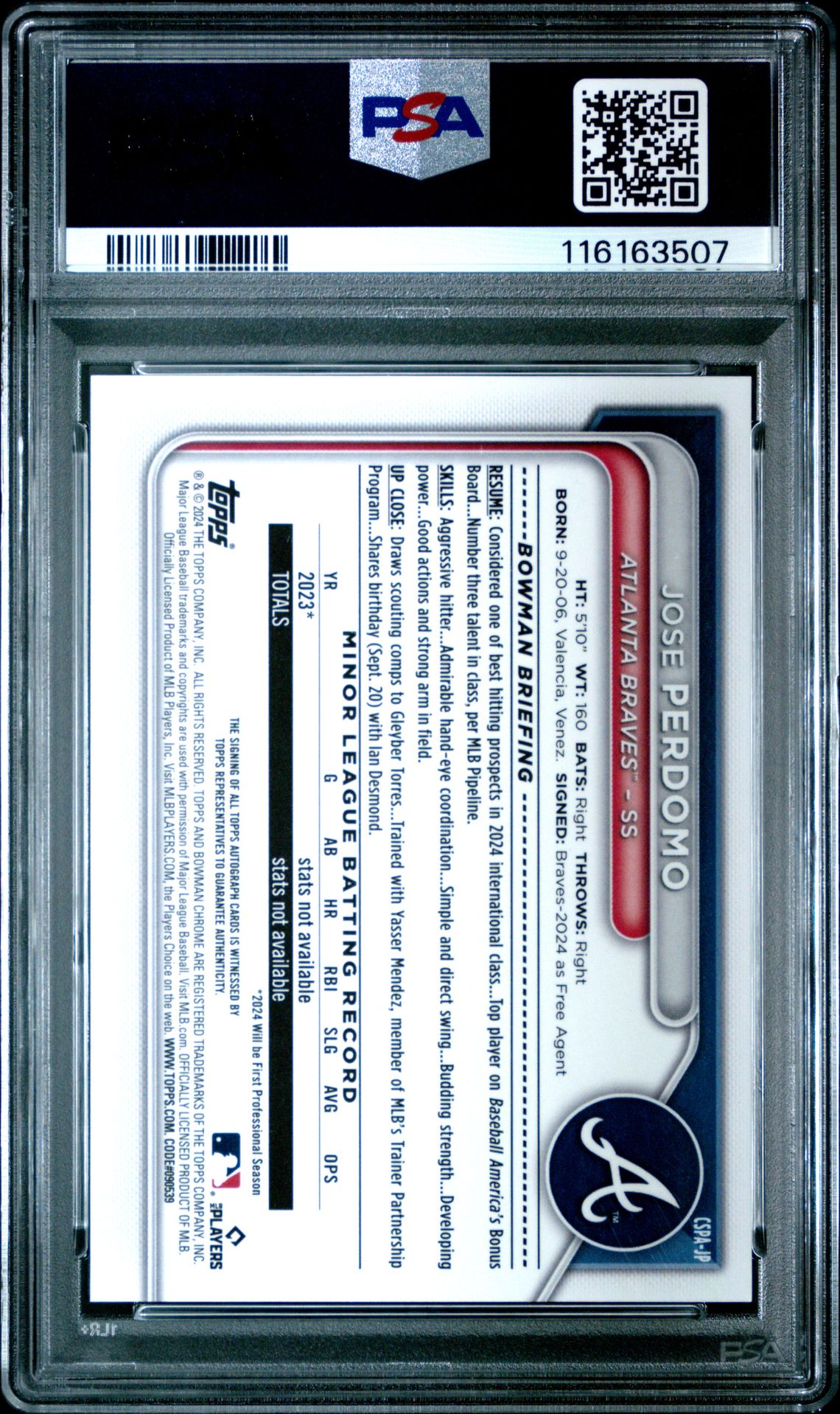 2024 Bowman Chrome Sapphire Edition Prospects Autographs Jose Perdomo #Jp (Chrome Prospect Autograph) Gem Mt 10 back