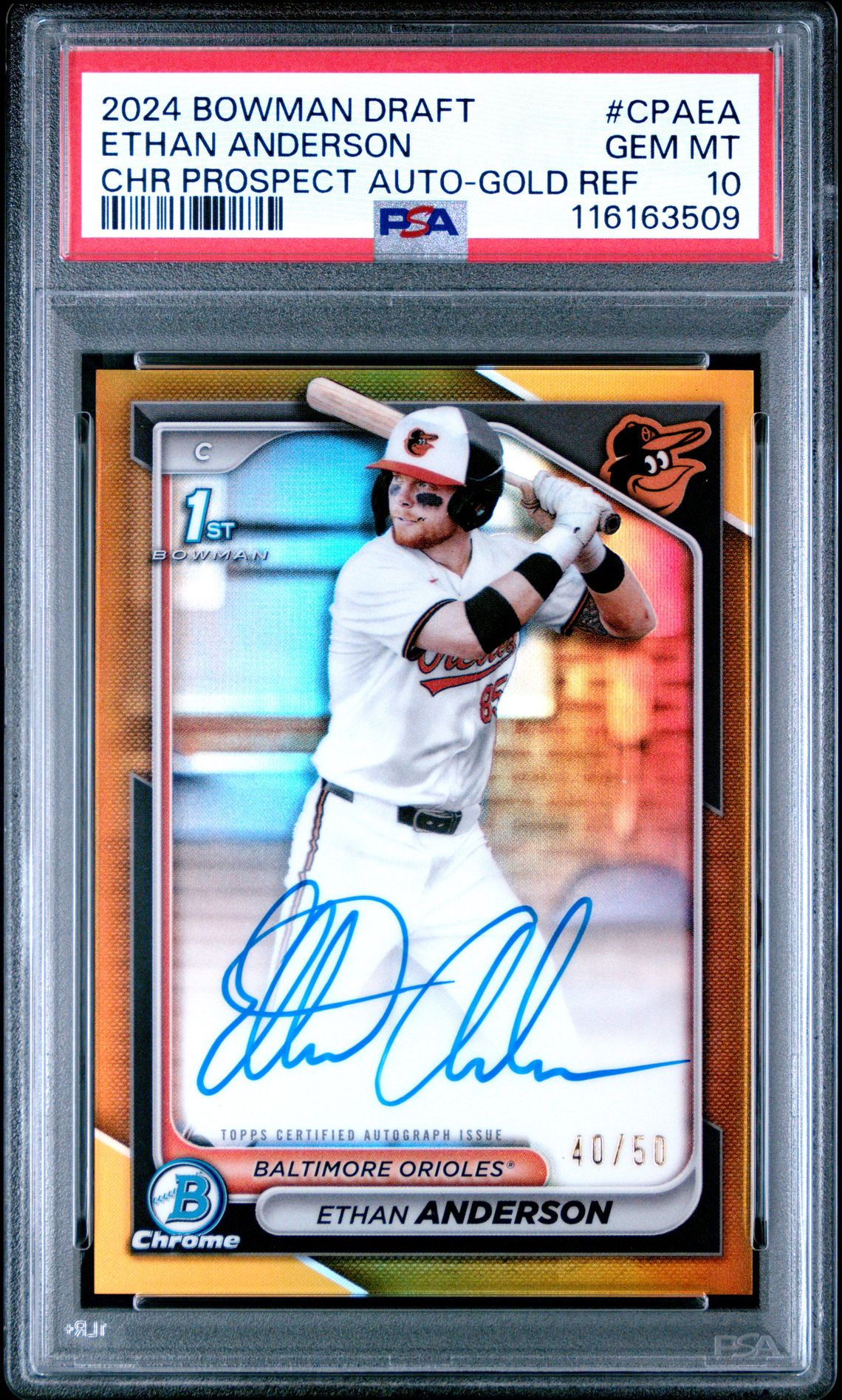 2024 Bowman Draft Chrome Prospect Autographs Ethan Anderson #Cpaea (Chr Prospect Auto-Gold Ref) Gem Mt 10 front