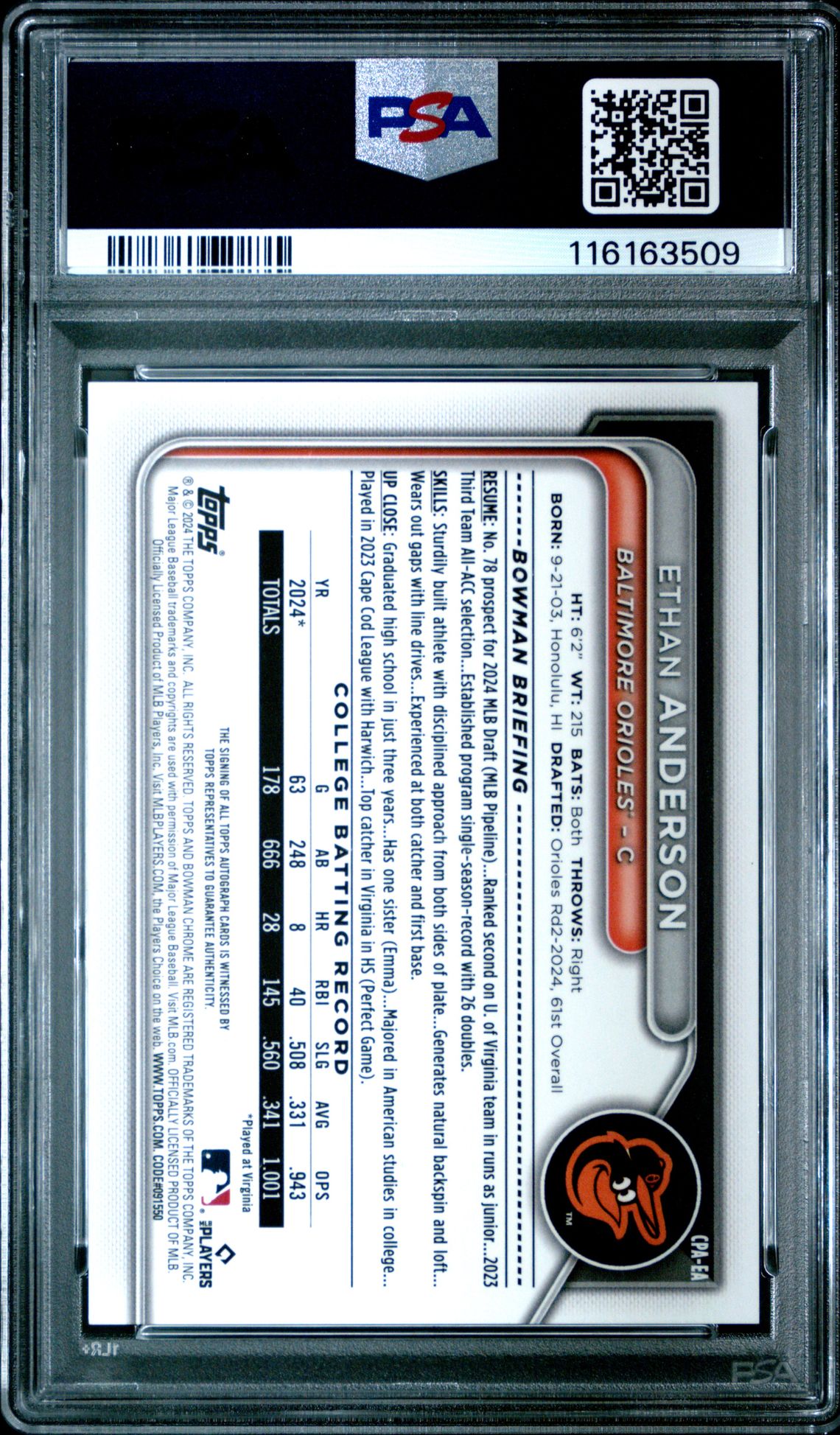 2024 Bowman Draft Chrome Prospect Autographs Ethan Anderson #Cpaea (Chr Prospect Auto-Gold Ref) Gem Mt 10 back