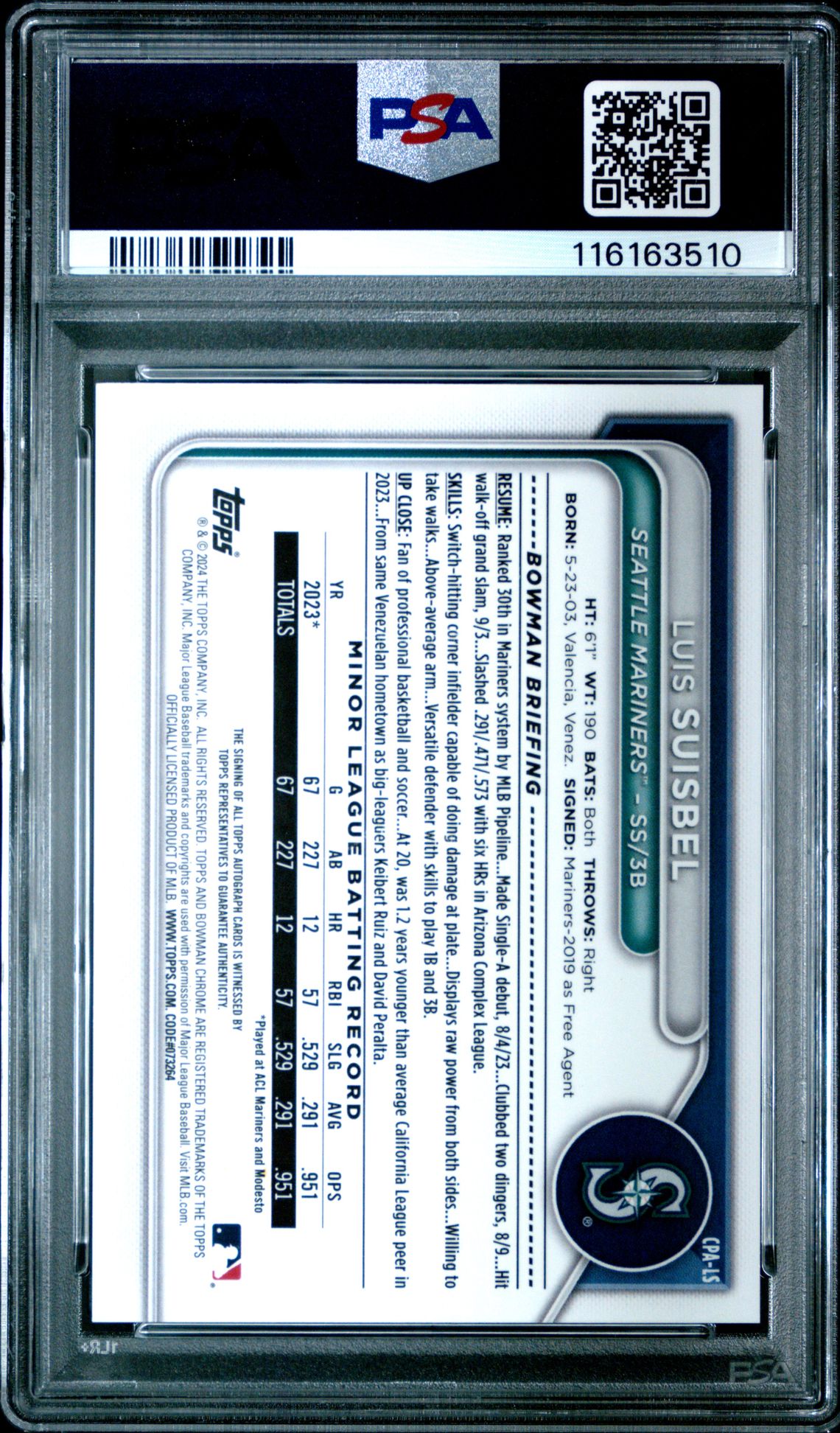 2024 Bowman Chrome Prospect Autographs Luis Suisbel #Cpals (Prospect Auto-Green Ref) Gem Mt 10 back view - PSA certificate #116163510